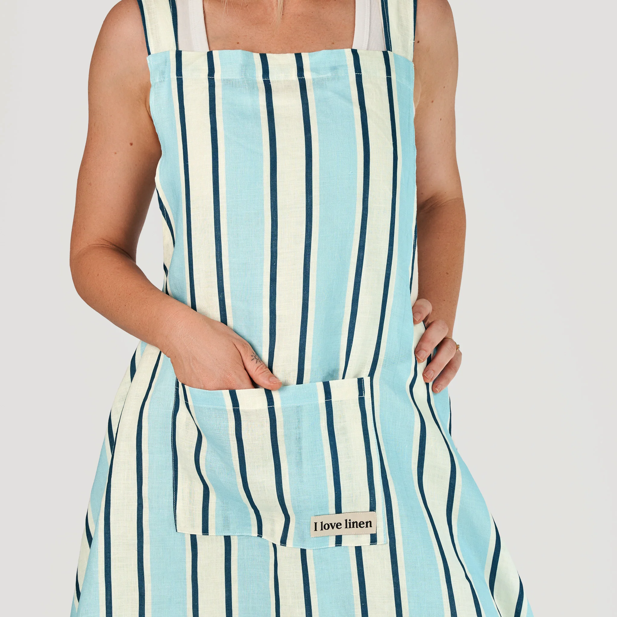 French Flax Linen Apron in Blue Stripe - Image 3