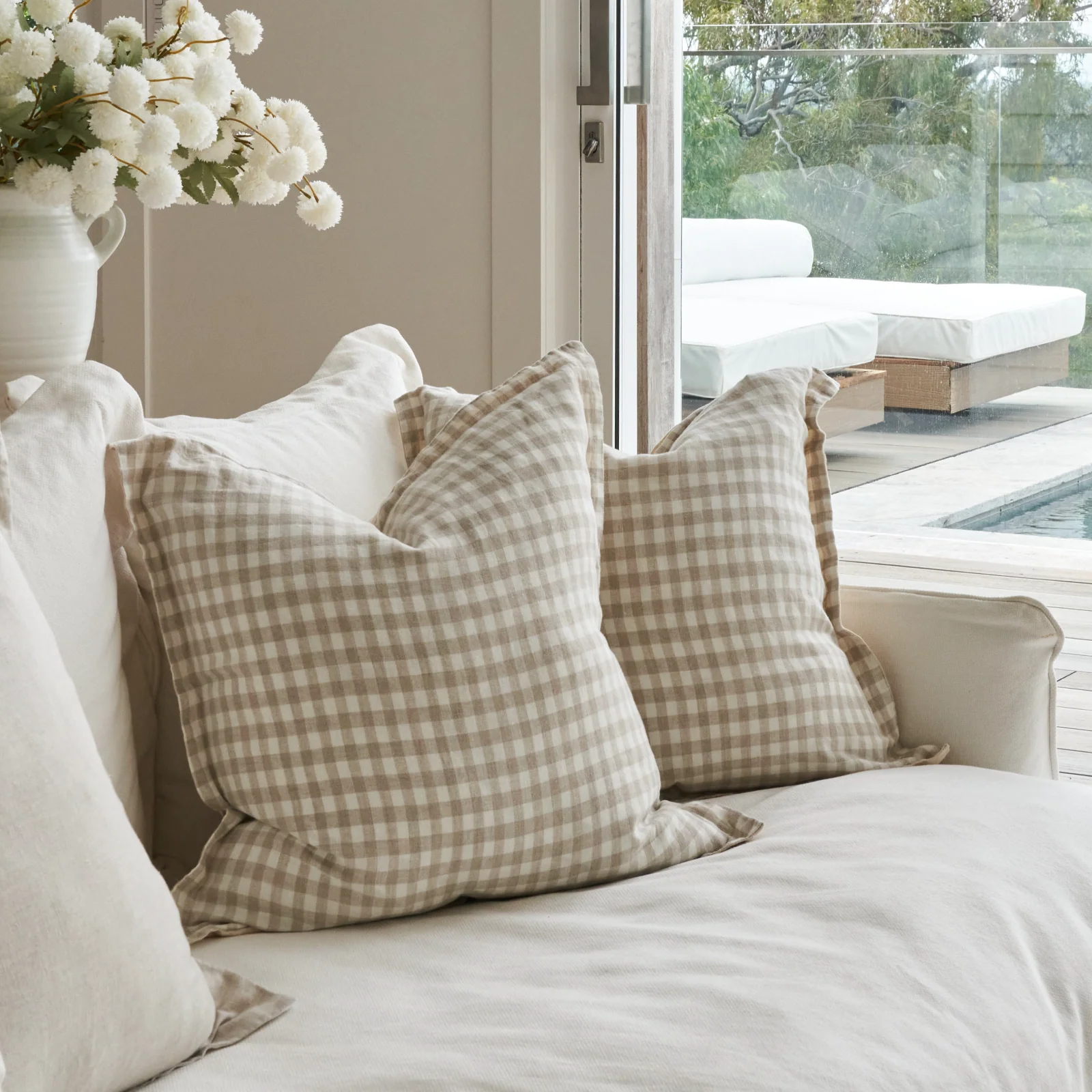 French Flax Linen Double Sided Cushion Cover in Creme/Beige Gingham - Image 4