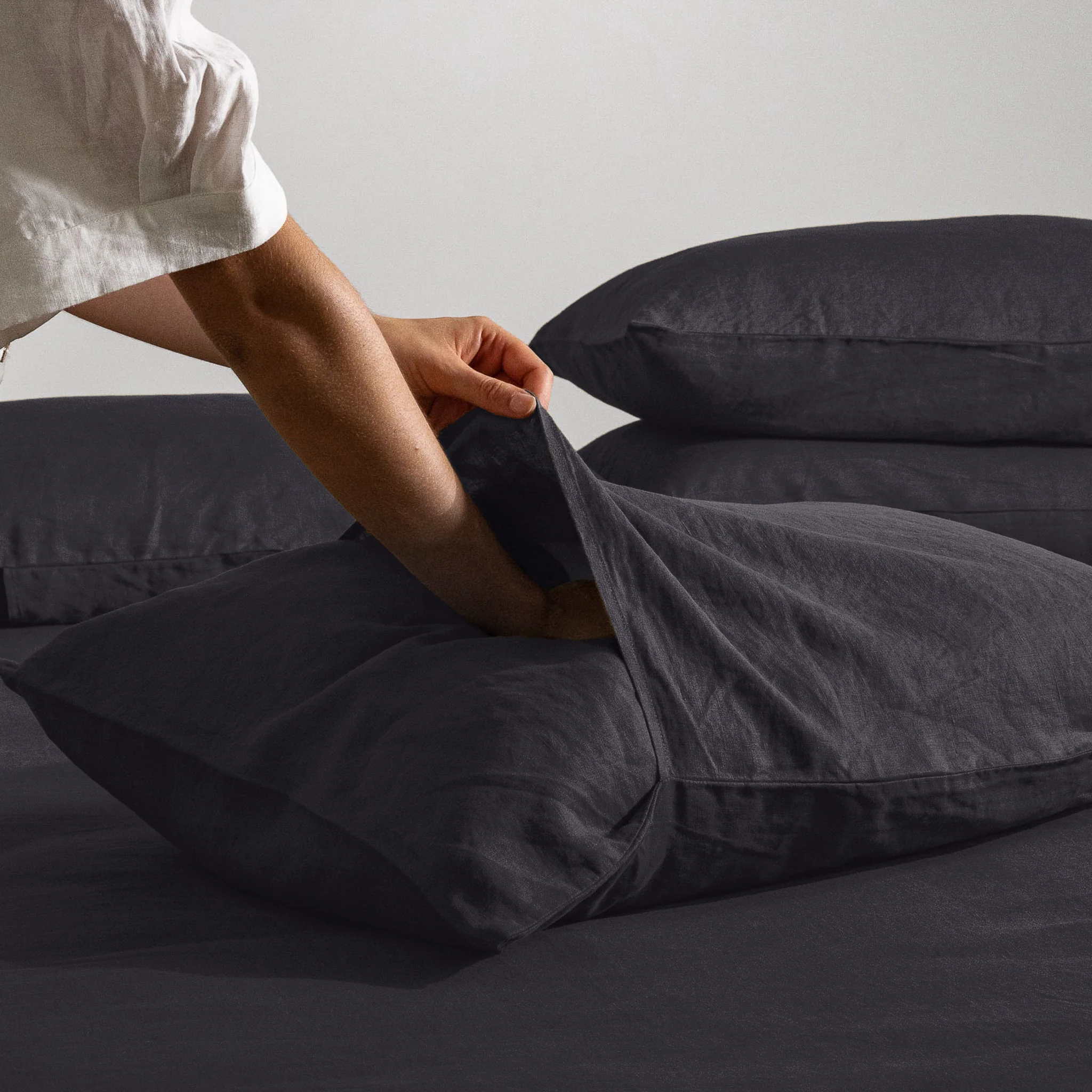 French Flax Linen Double Sided Quilt Cover in Charcoal/Charcoal Stripe - Image 7