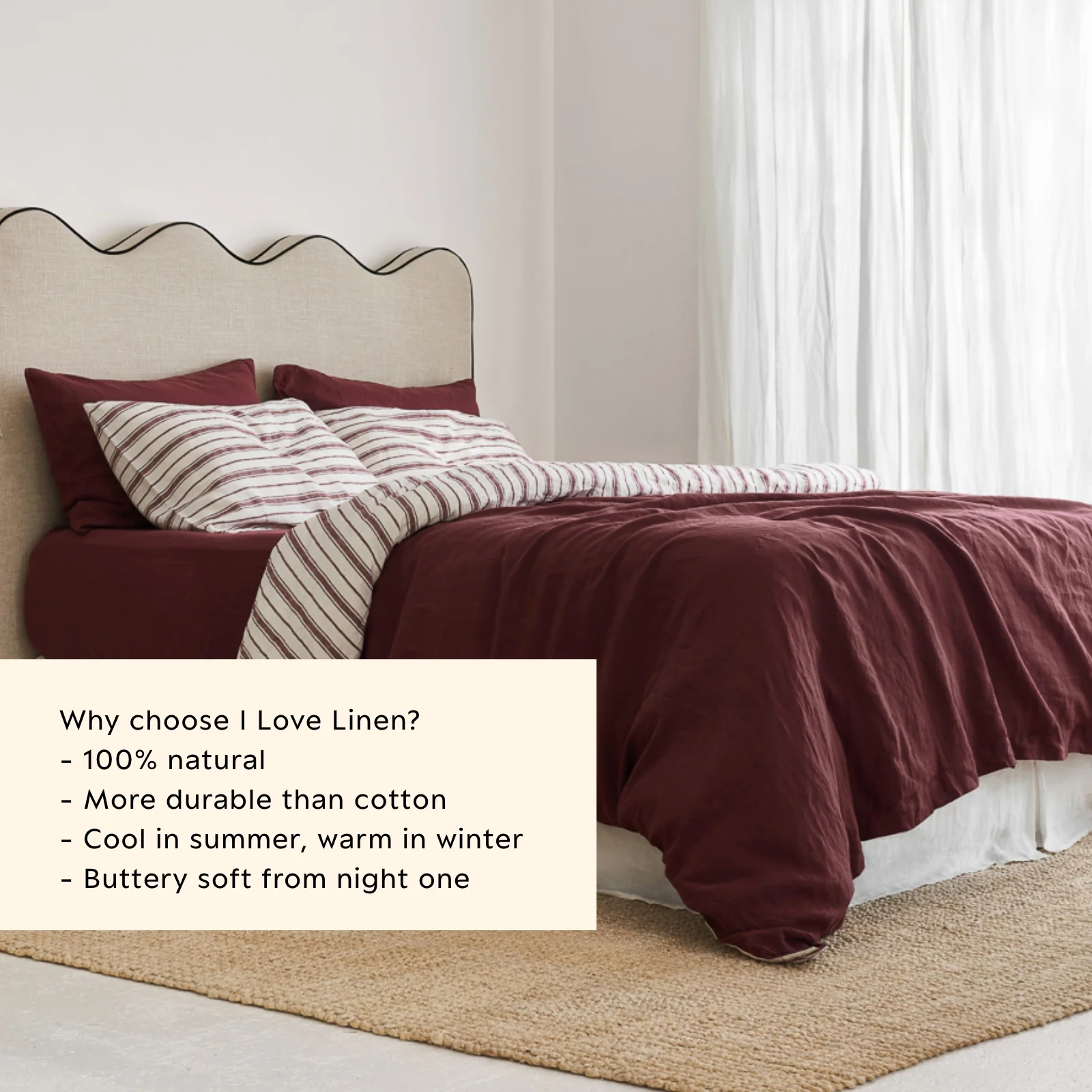 French Flax Linen Double Sided Quilt Cover in Cherrywood/Cherrywood Stripe - Image 5