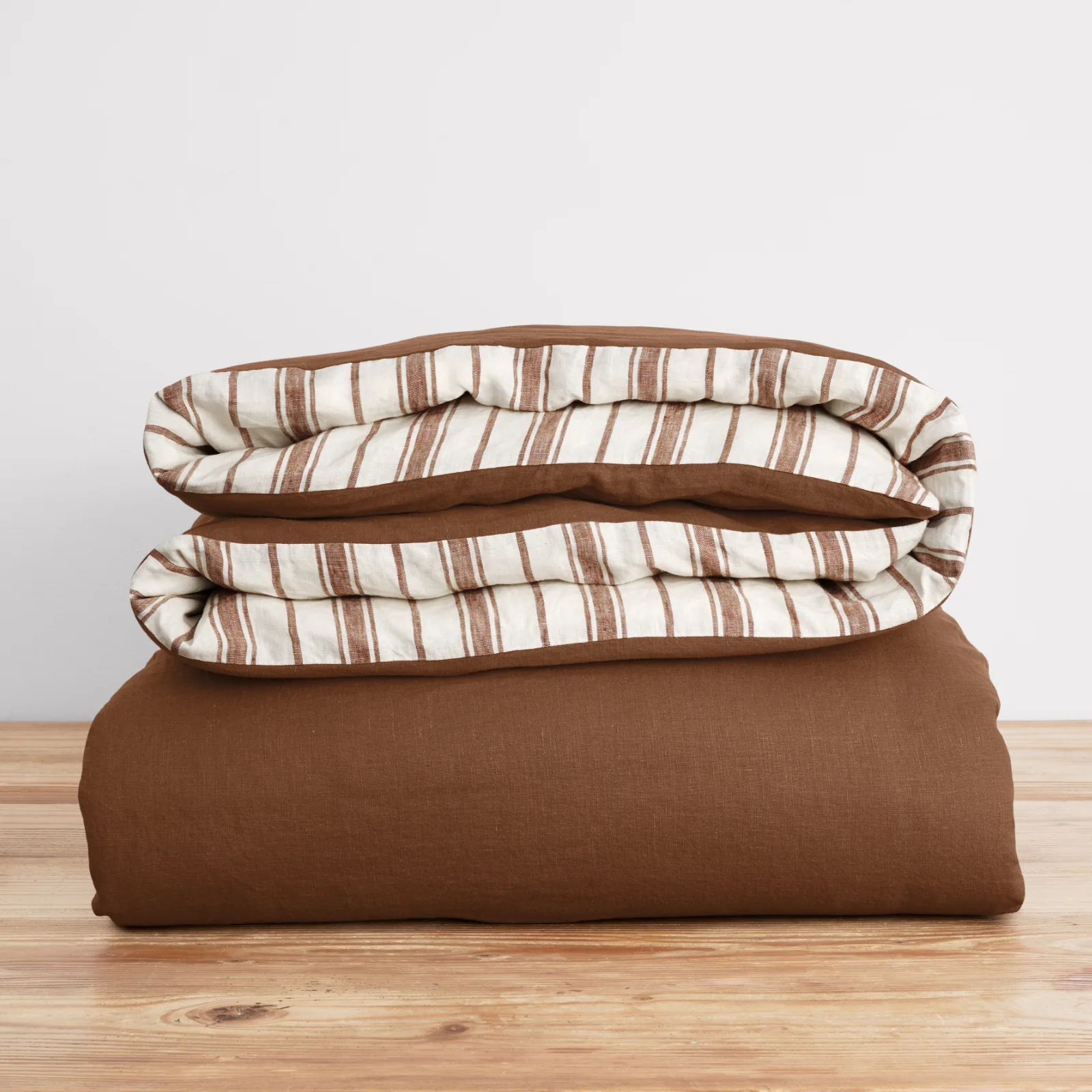French Flax Linen Double Sided Quilt Cover in Hazelnut/Hazelnut Stripe