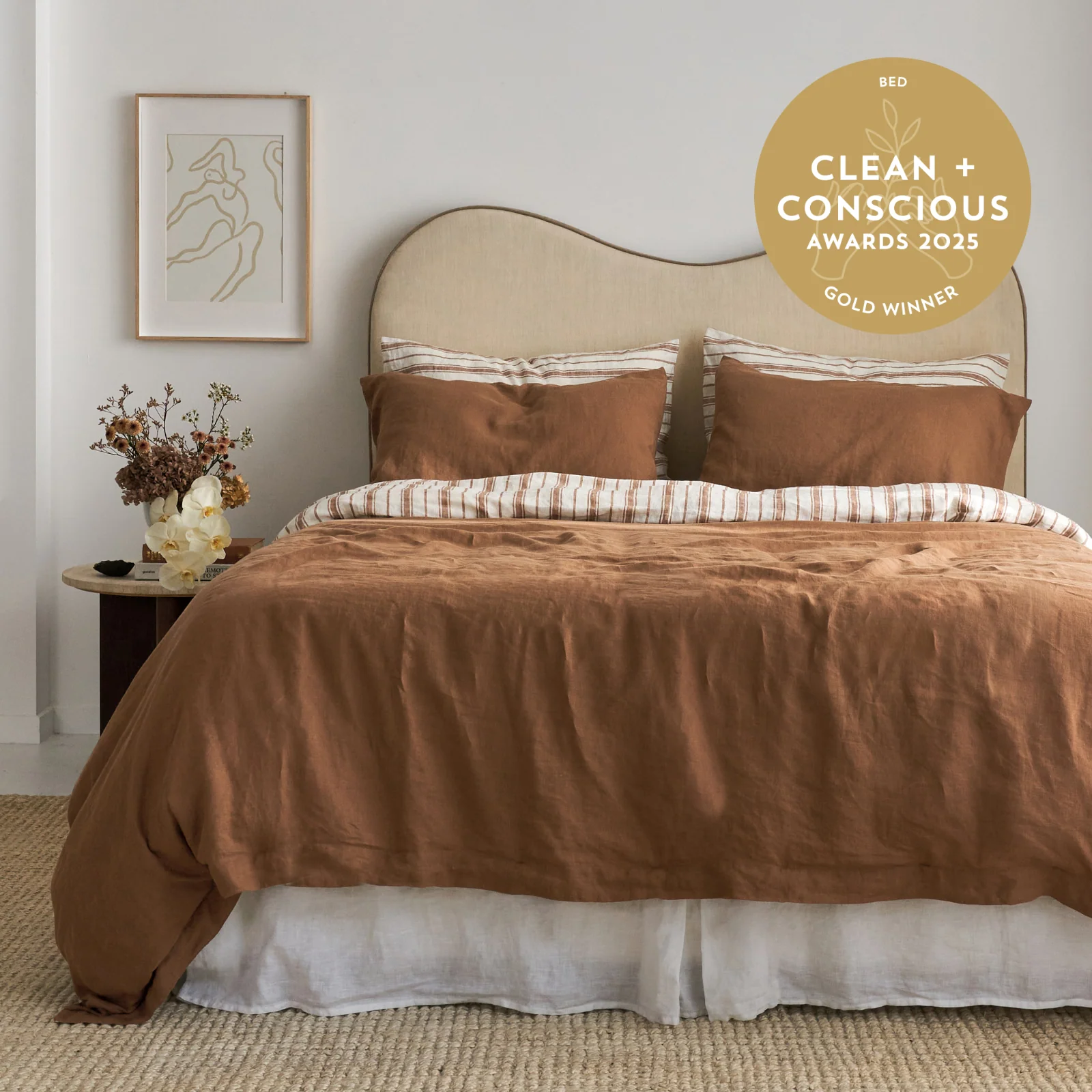 French Flax Linen Double Sided Quilt Cover in Hazelnut/Hazelnut Stripe - Image 3