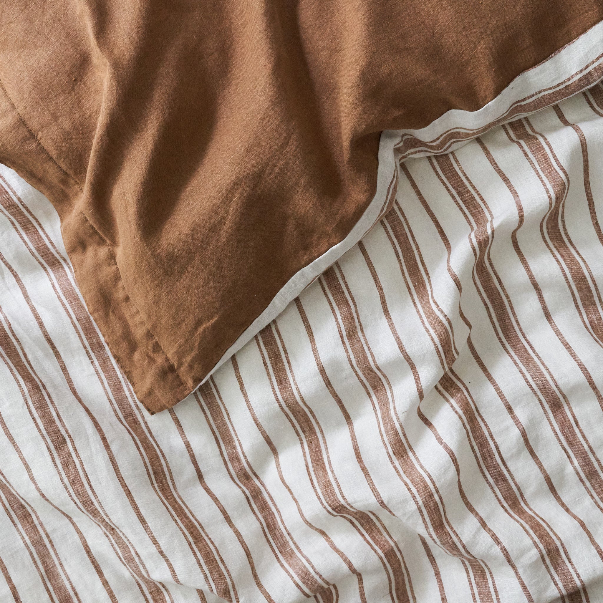French Flax Linen Double Sided Quilt Cover in Hazelnut/Hazelnut Stripe - Image 4
