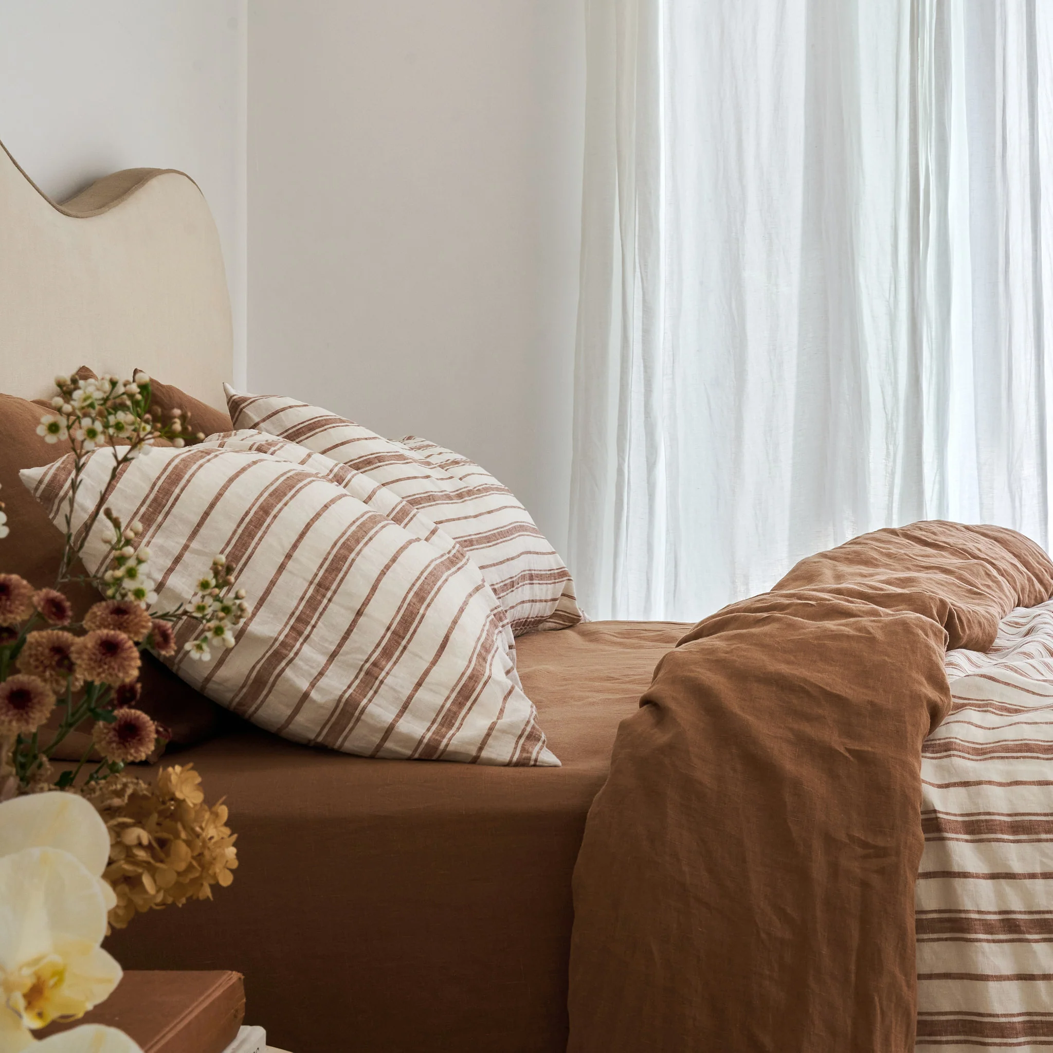 French Flax Linen Double Sided Quilt Cover in Hazelnut/Hazelnut Stripe - Image 7