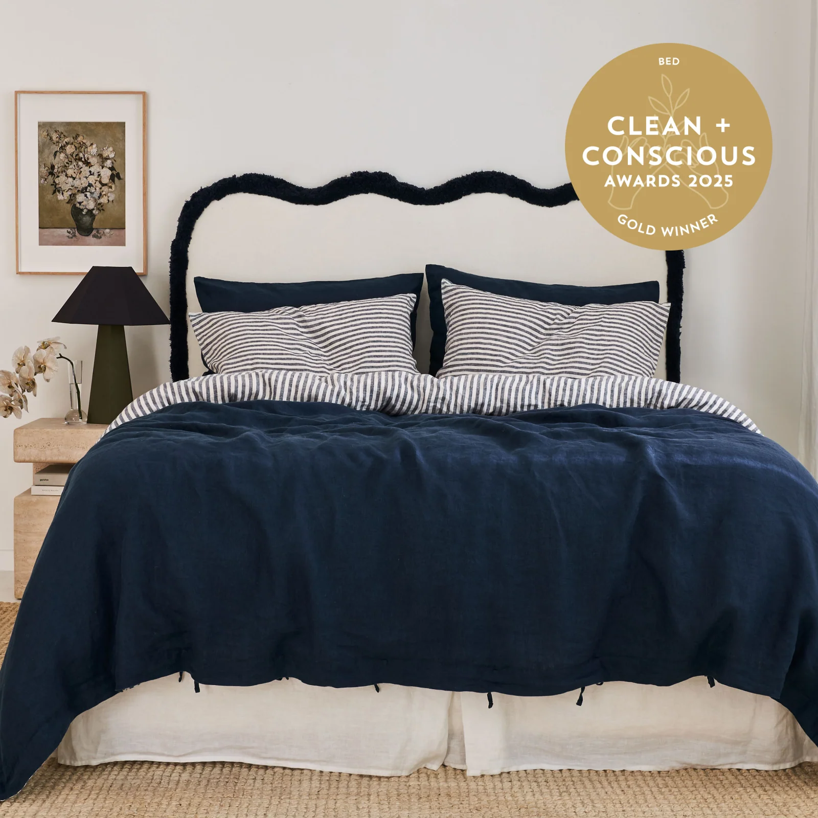 French Flax Linen Double Sided Quilt Cover in Indigo/Indigo Stripe - Image 3
