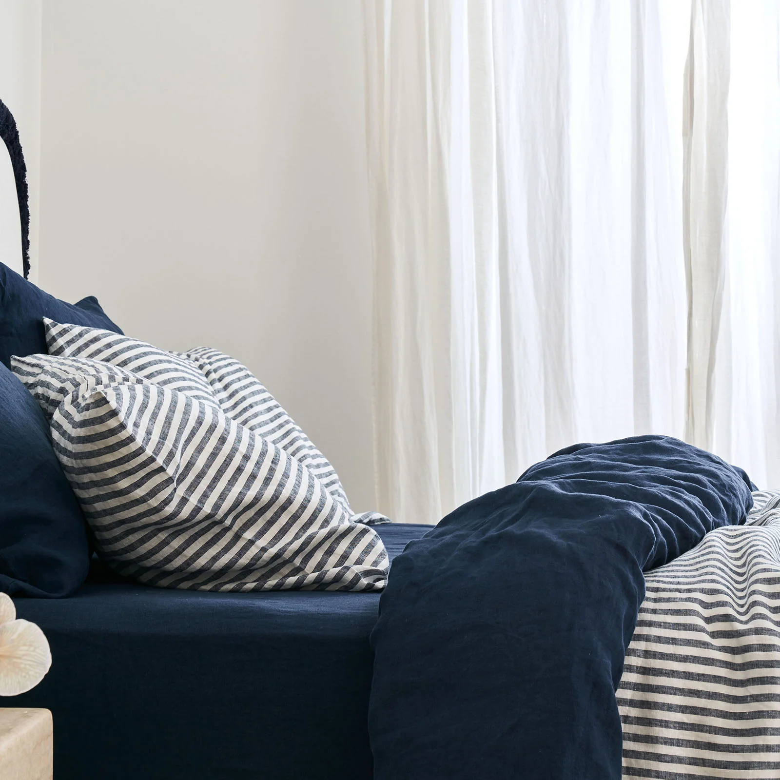 French Flax Linen Double Sided Quilt Cover in Indigo/Indigo Stripe - Image 9