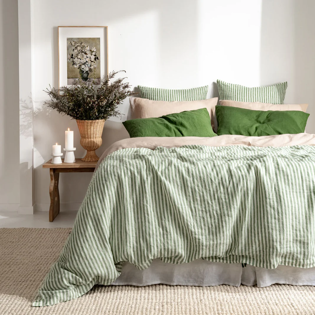 French Flax Linen Double Sided Quilt Cover in Ivy/Ivy Stripe - Image 11