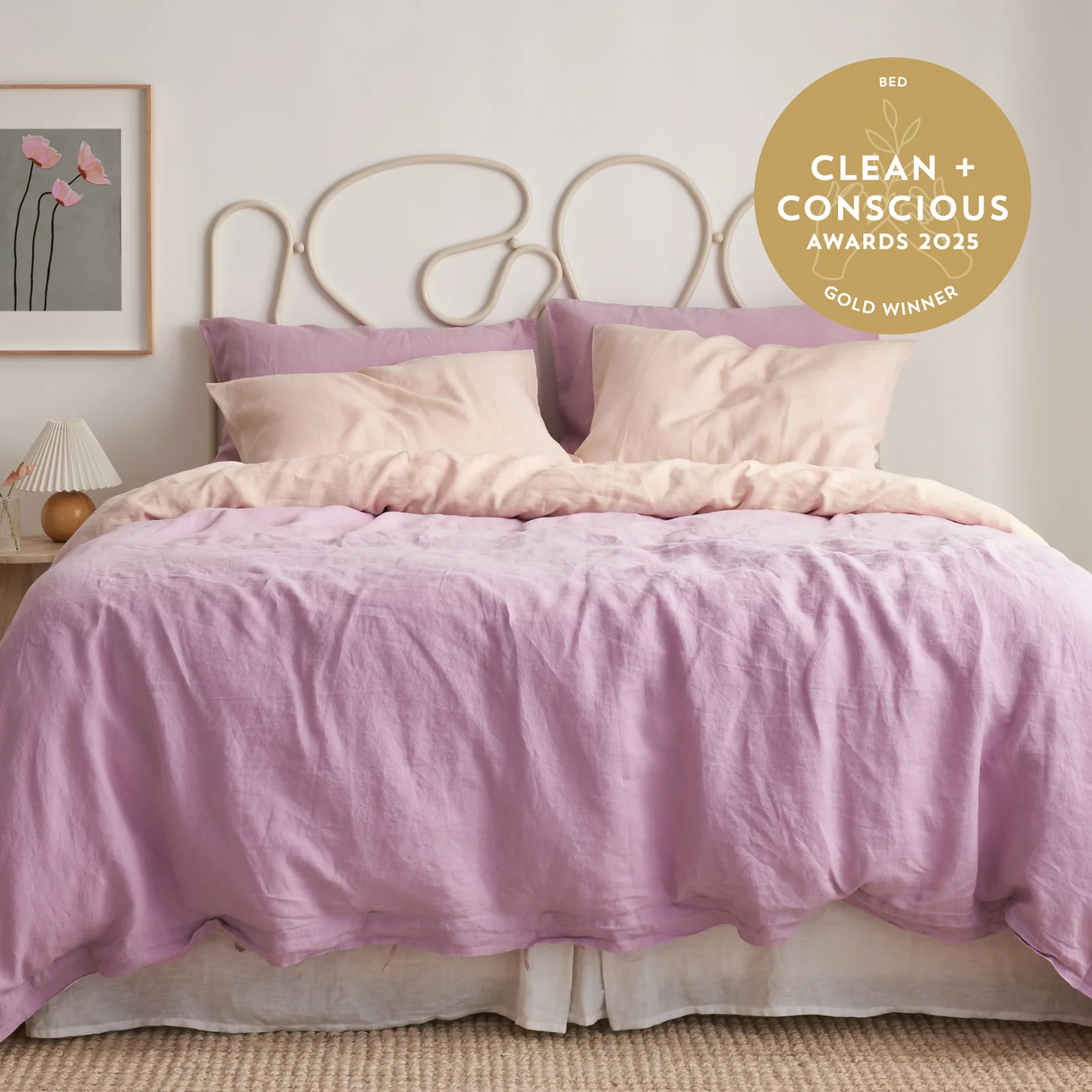 French Flax Linen Double Sided Quilt Cover in Lilac/Blush - Image 6