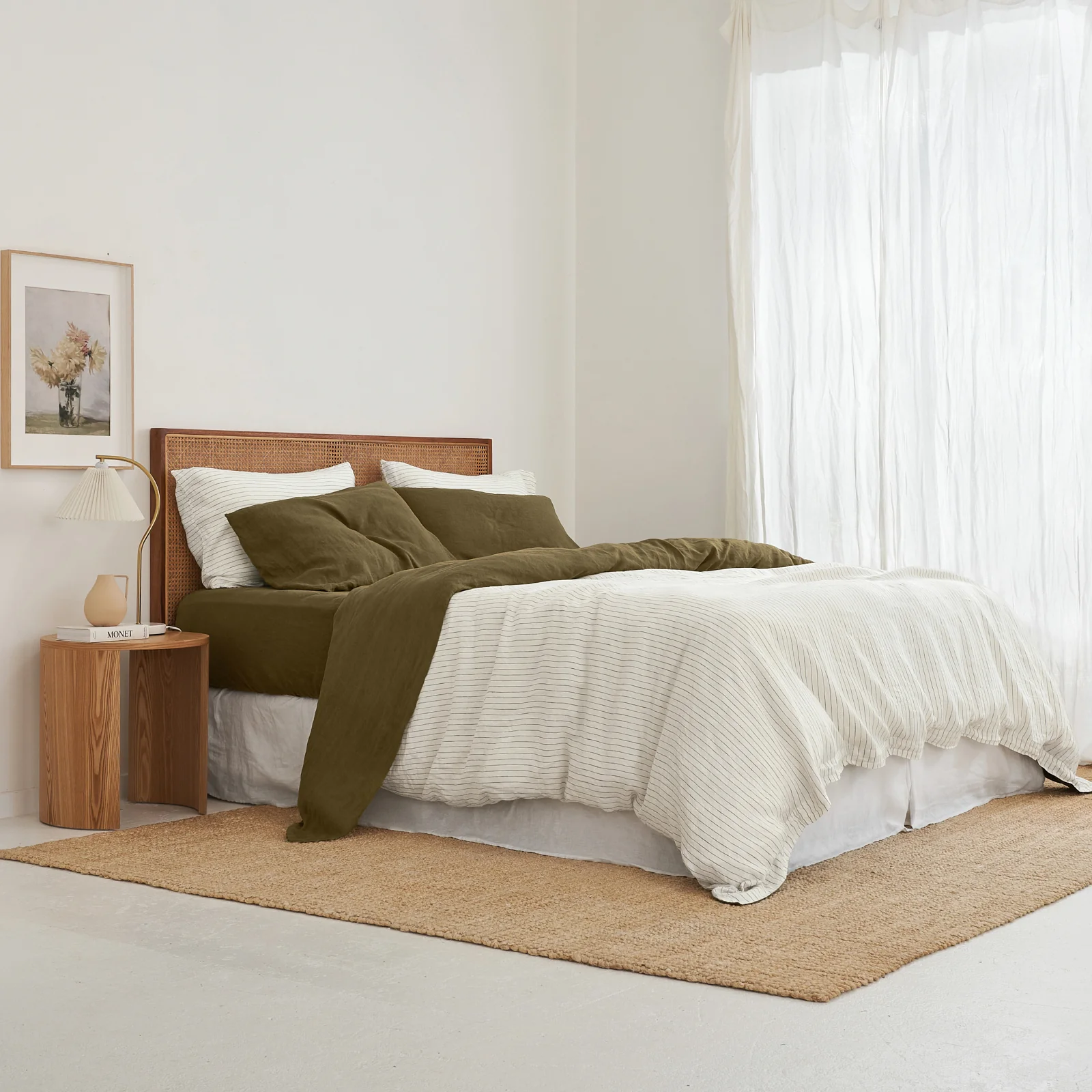 French Flax Linen Double Sided Quilt Cover in Olive/Olive Stripe - Image 5