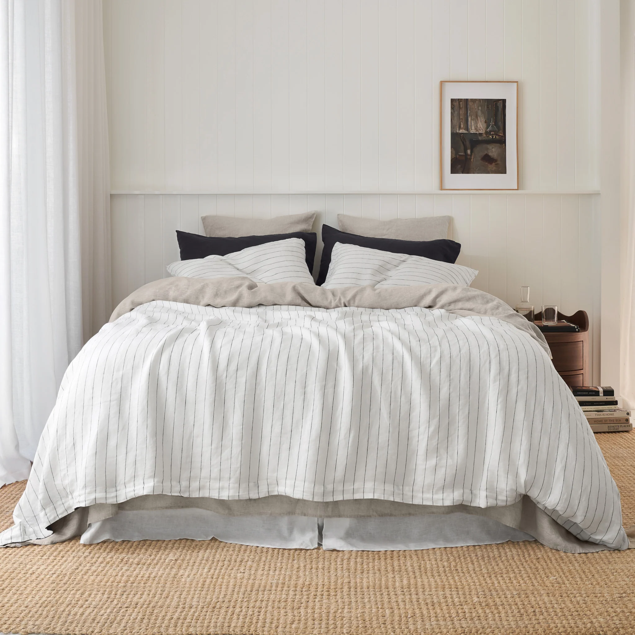 French Flax Linen Double Sided Quilt Cover SET in Charcoal/Charcoal Stripe - Image 14
