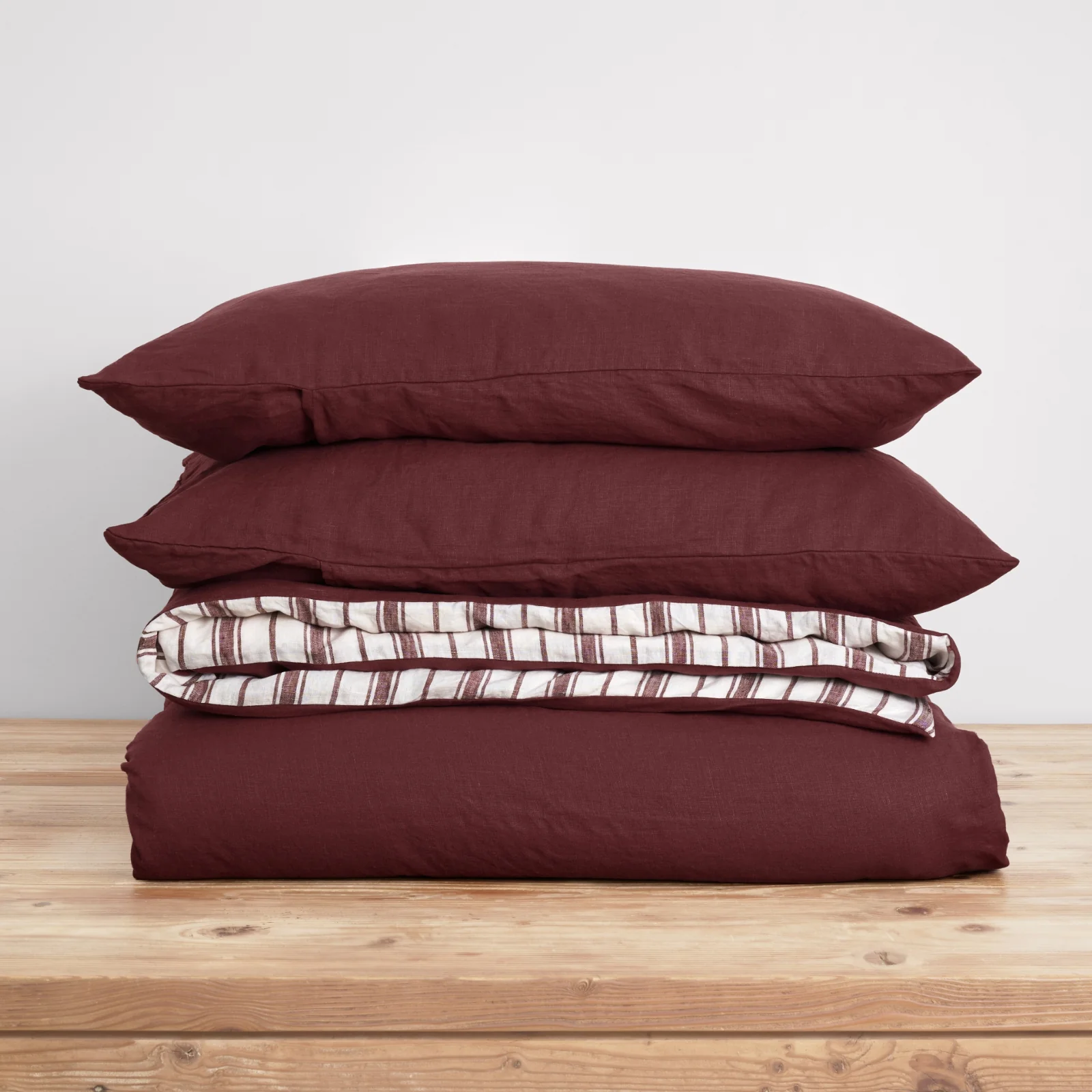French Flax Linen Double Sided Quilt Cover Set in Cherrywood/Cherrywood Stripe