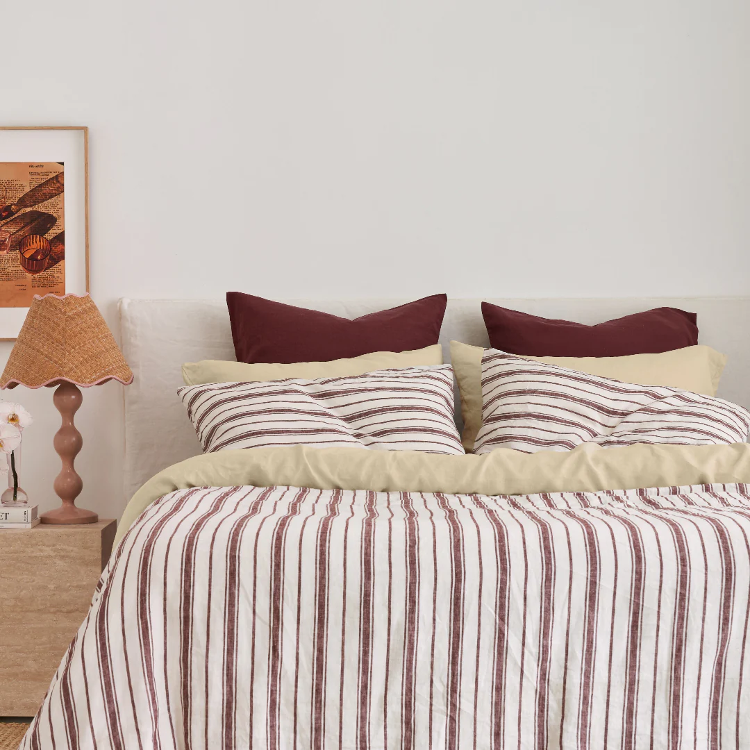 French Flax Linen Double Sided Quilt Cover Set in Cherrywood/Cherrywood Stripe - Image 10