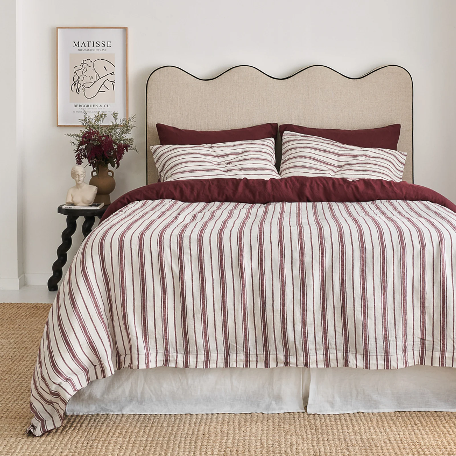 French Flax Linen Double Sided Quilt Cover Set in Cherrywood/Cherrywood Stripe - Image 2