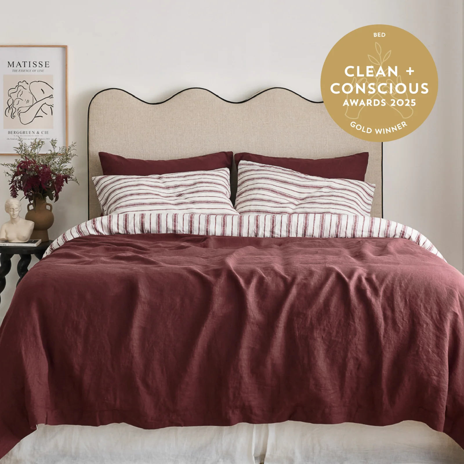 French Flax Linen Double Sided Quilt Cover Set in Cherrywood/Cherrywood Stripe - Image 3