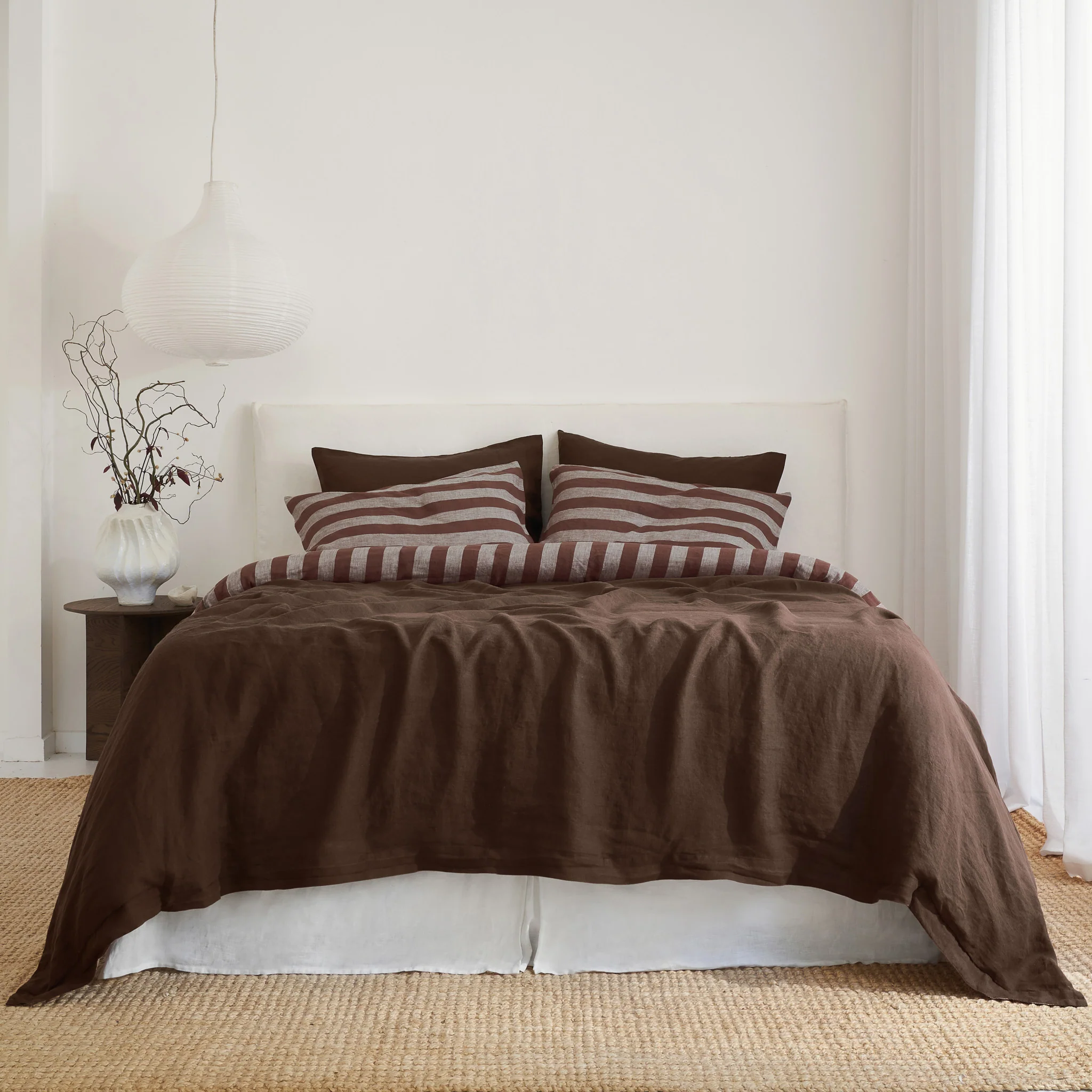 French Flax Linen Double Sided Quilt Cover Set in Chocolate/Chocolate Stripe - Image 2