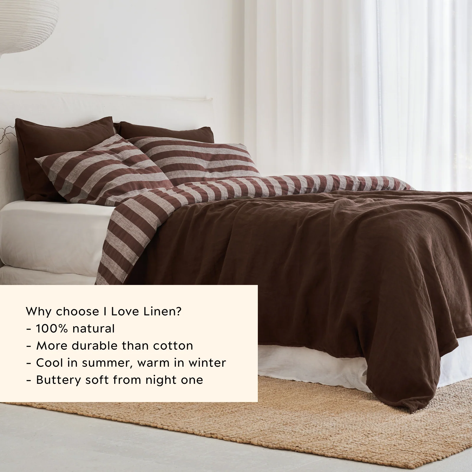 French Flax Linen Double Sided Quilt Cover Set in Chocolate/Chocolate Stripe - Image 4