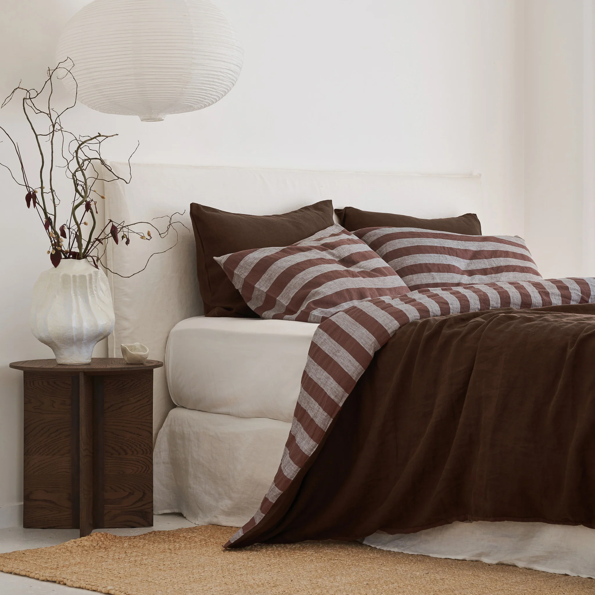 French Flax Linen Double Sided Quilt Cover Set in Chocolate/Chocolate Stripe - Image 9