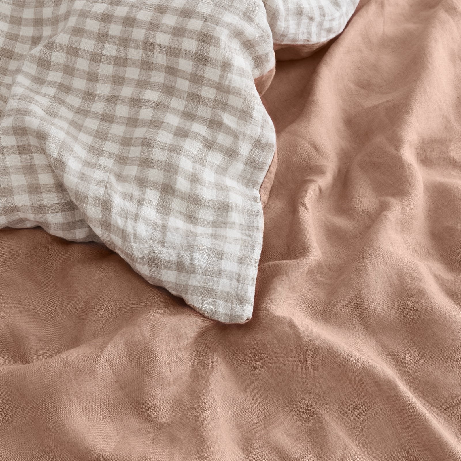 French Flax Linen Double Sided Quilt Cover Set in Clay/Beige Gingham - Image 10