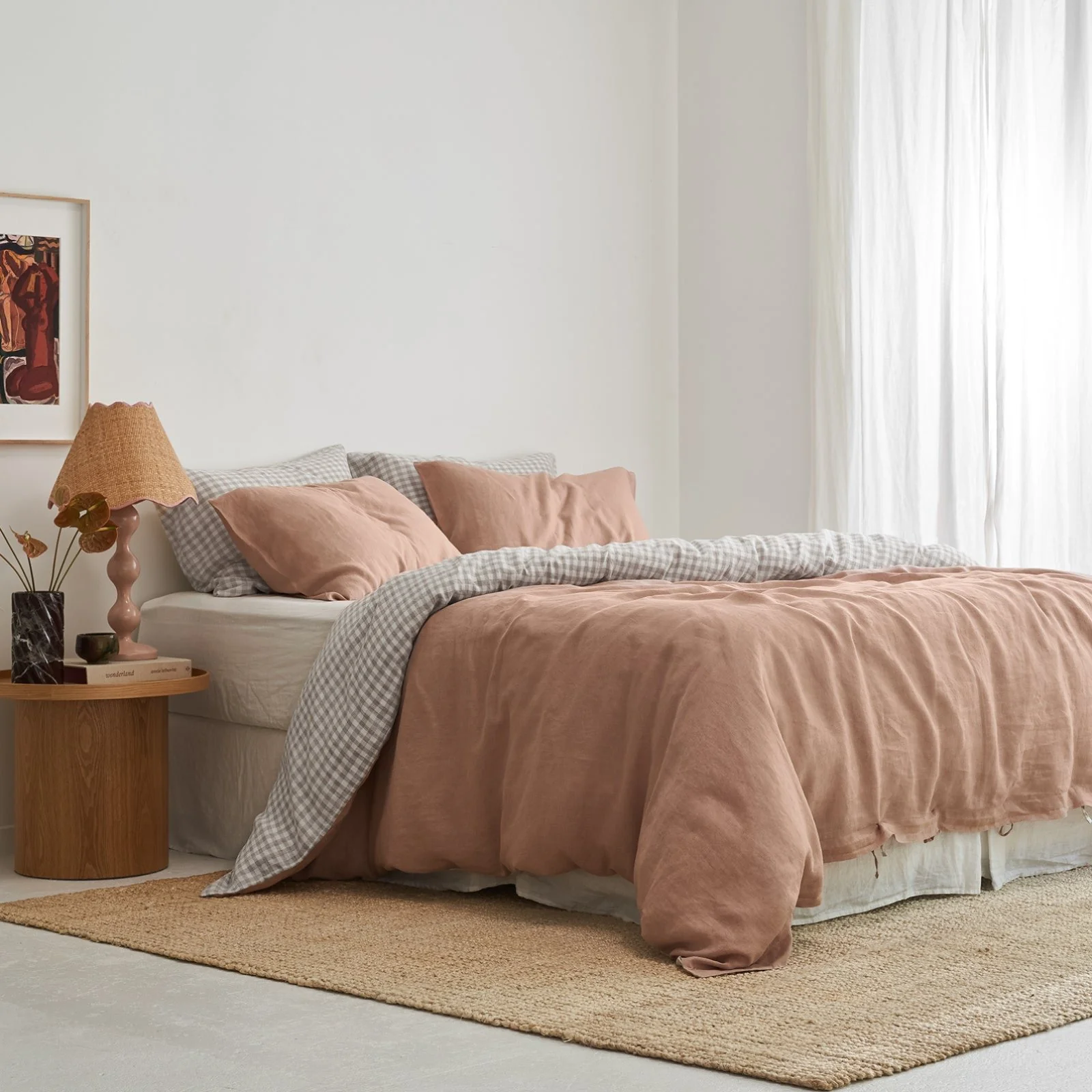 French Flax Linen Double Sided Quilt Cover Set in Clay/Beige Gingham - Image 6