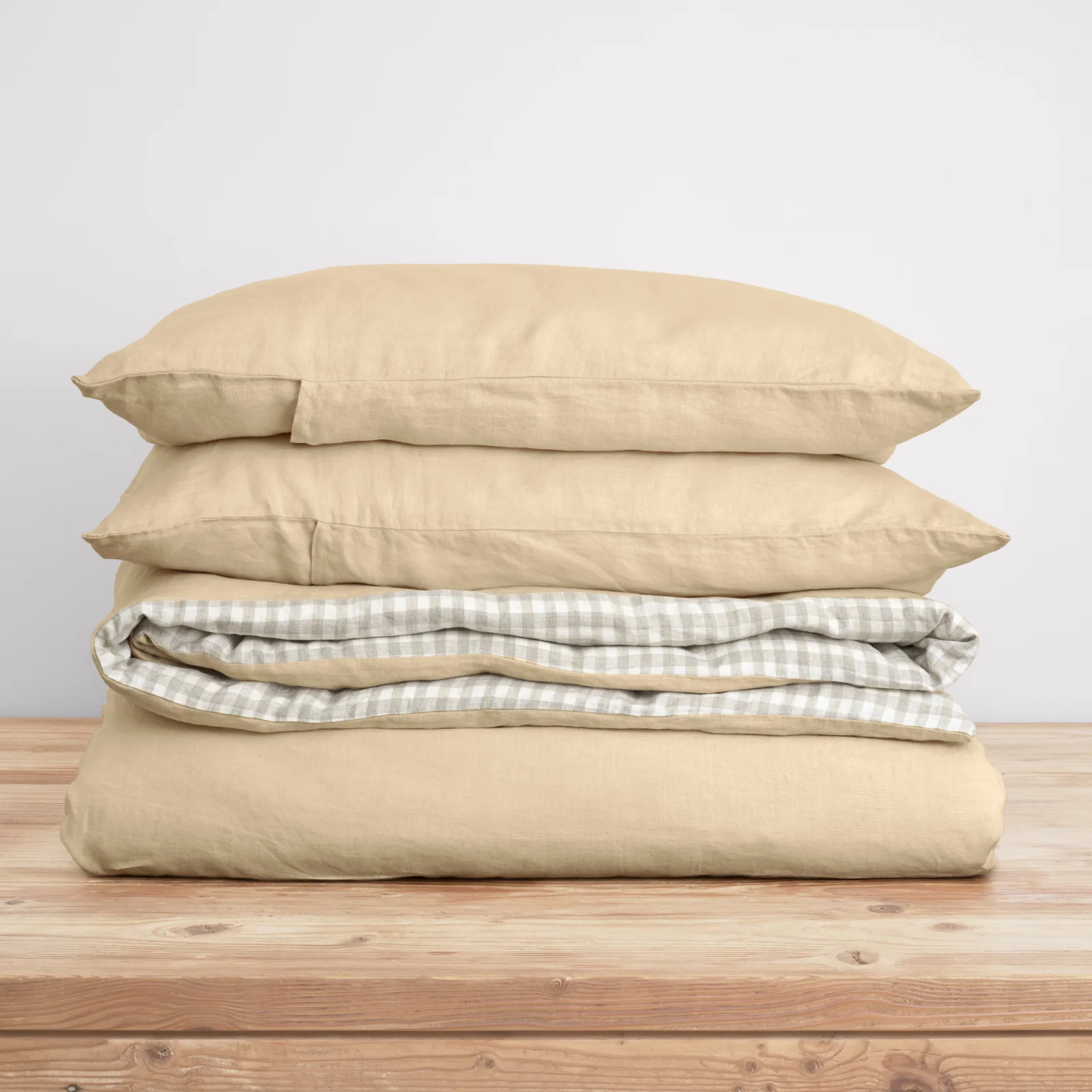 French Flax Linen Double Sided Quilt Cover Set in Creme/Beige Gingham