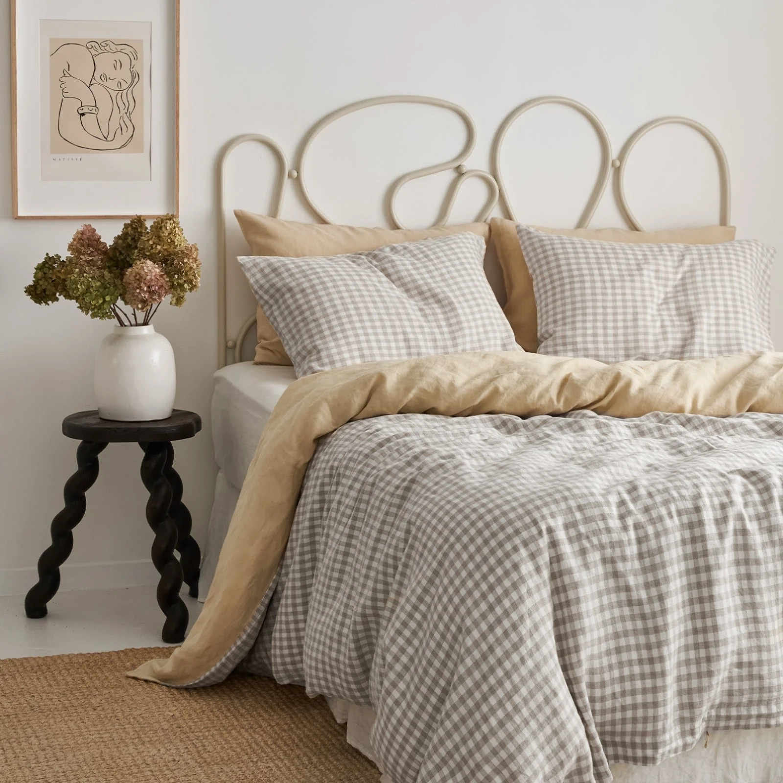 French Flax Linen Double Sided Quilt Cover Set in Creme/Beige Gingham - Image 4