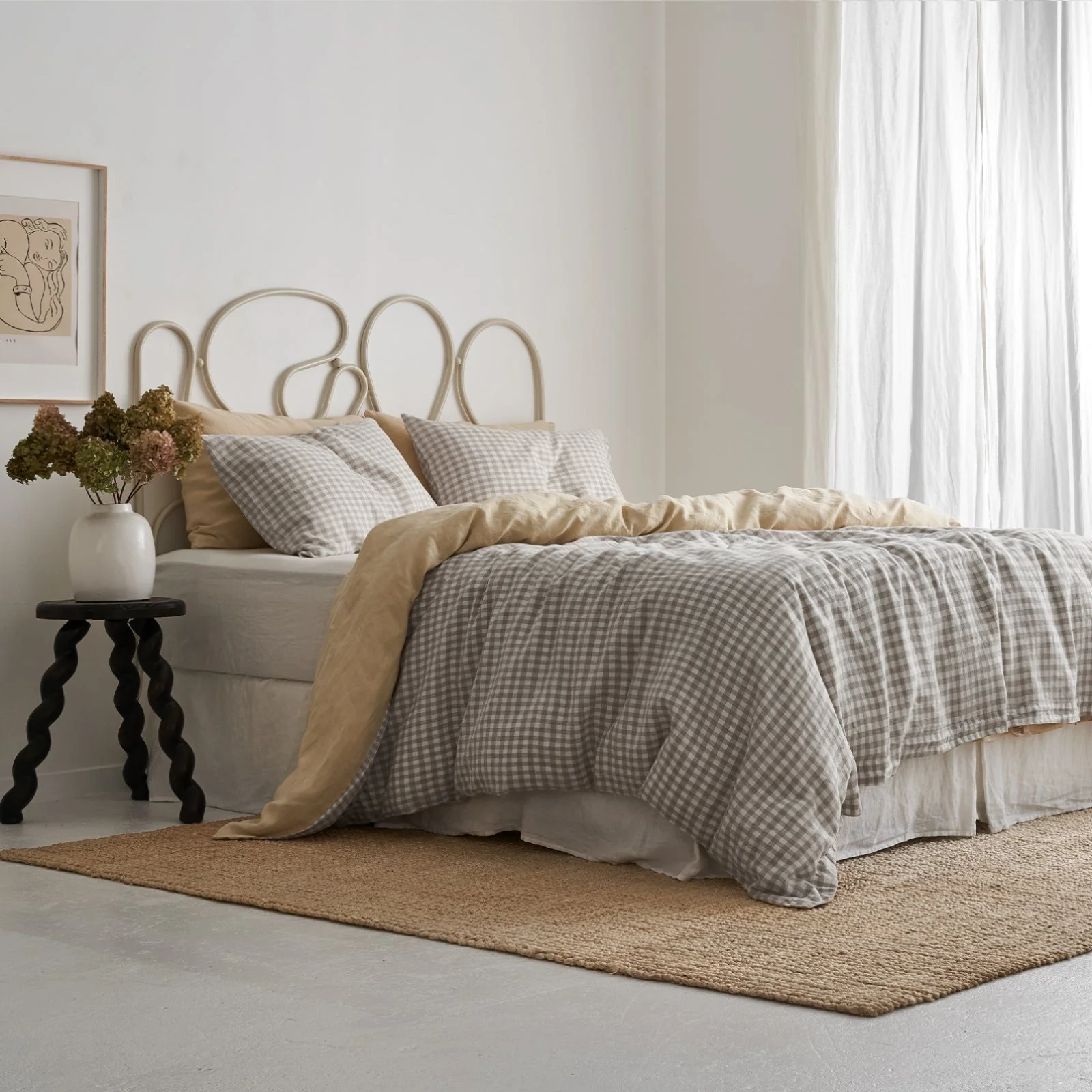 French Flax Linen Double Sided Quilt Cover Set in Creme/Beige Gingham - Image 5