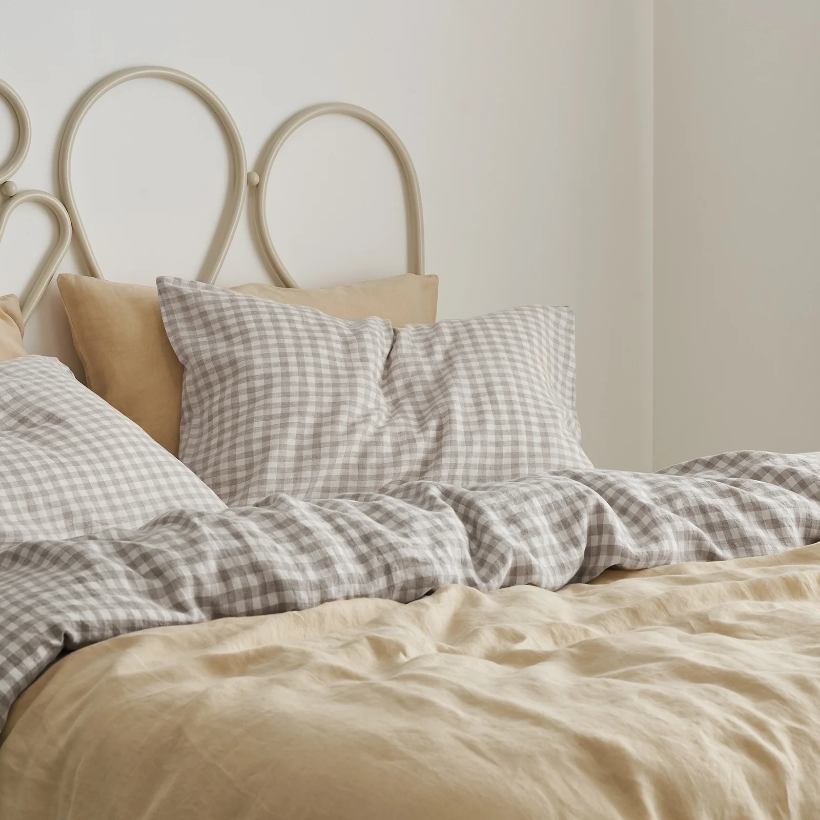 French Flax Linen Double Sided Quilt Cover Set in Creme/Beige Gingham - Image 7