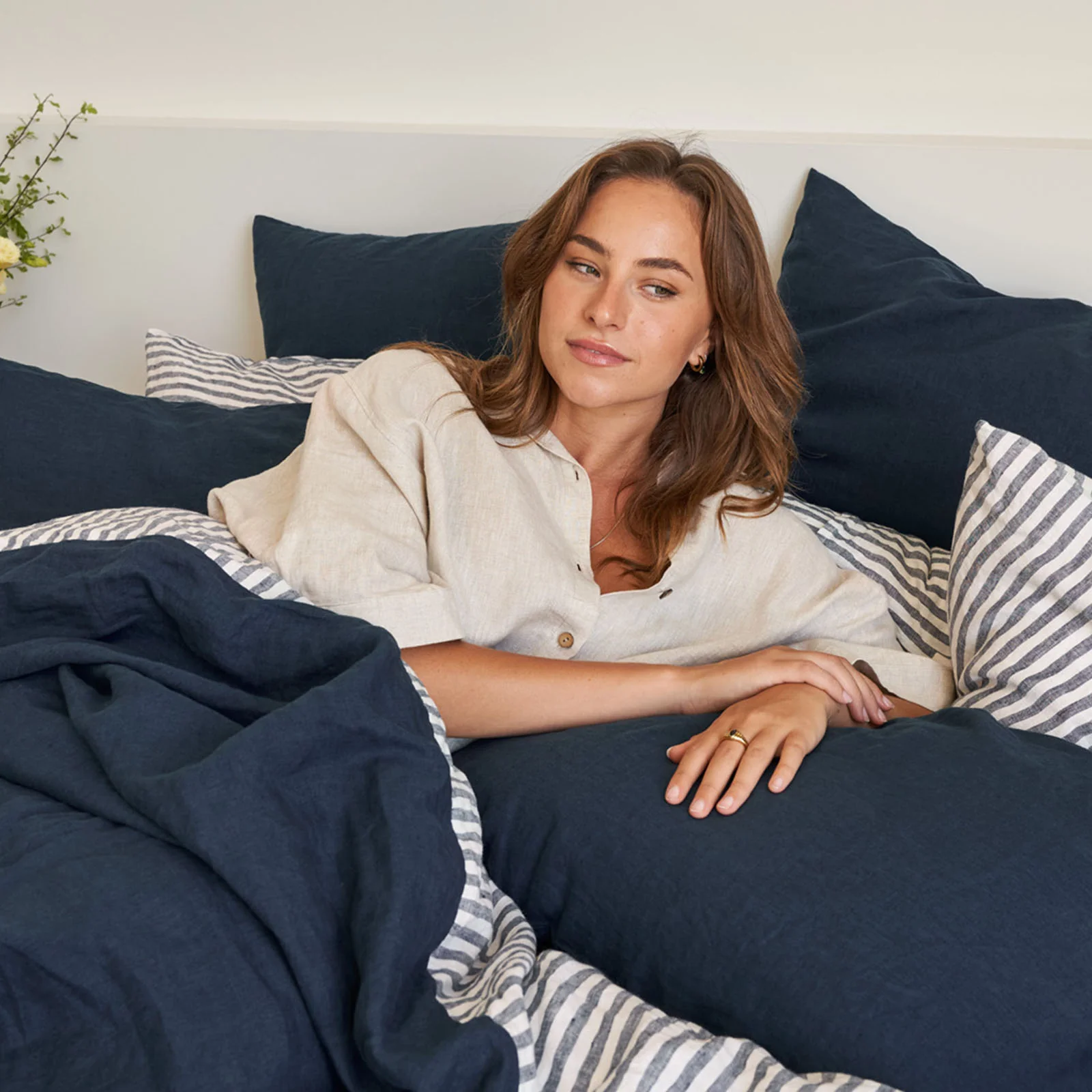 French Flax Linen Double Sided Quilt Cover Set in Indigo/Indigo Stripe - Image 10