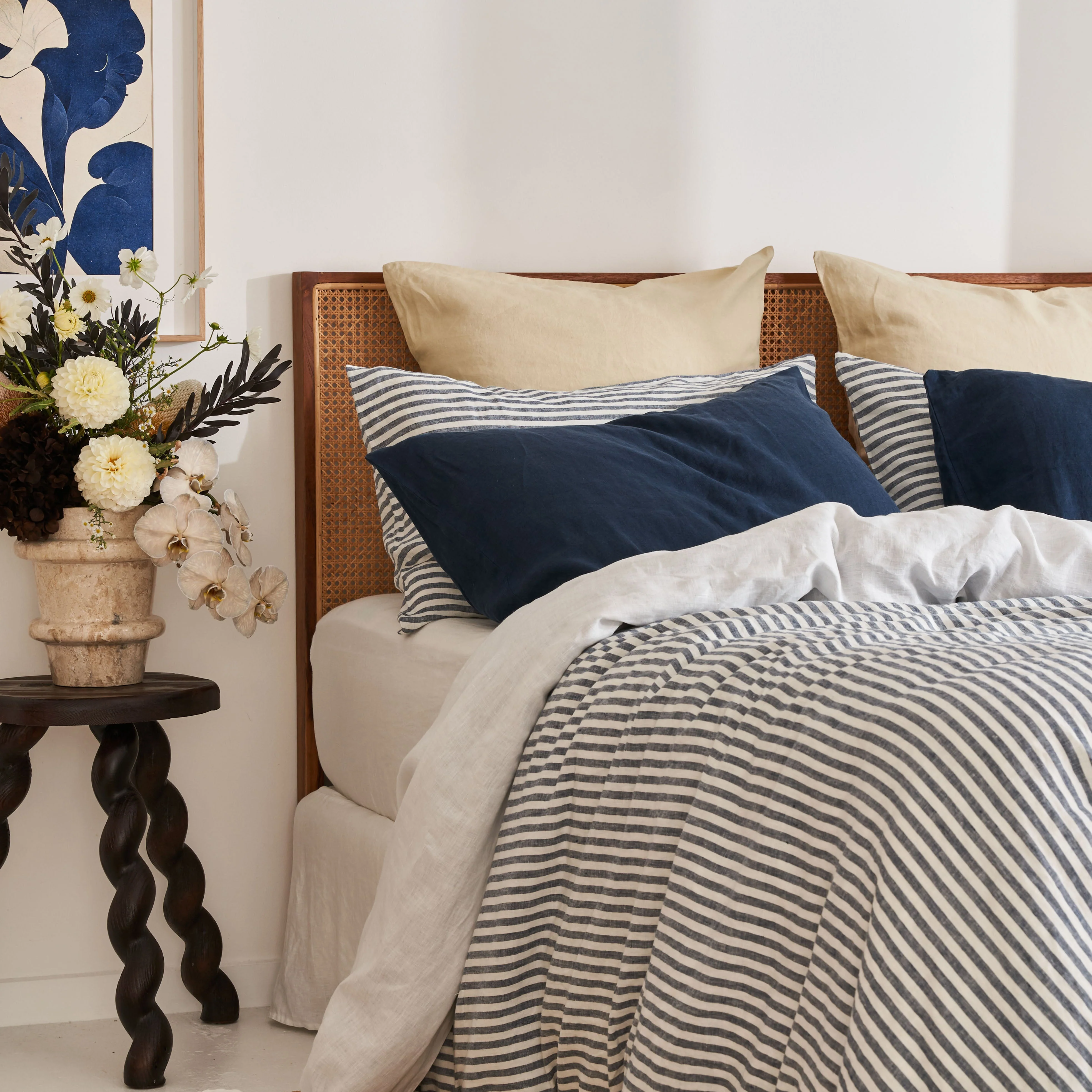 French Flax Linen Double Sided Quilt Cover Set in Indigo/Indigo Stripe - Image 11