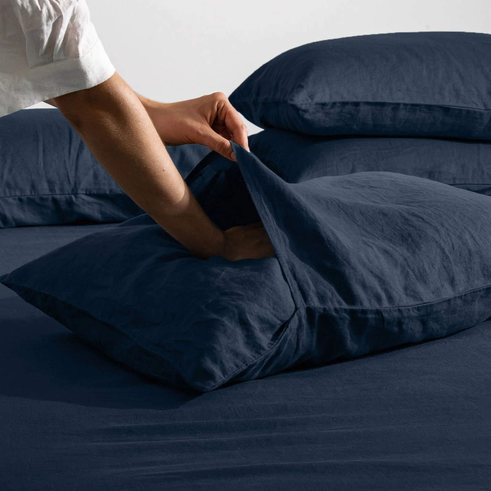French Flax Linen Double Sided Quilt Cover Set in Indigo/Indigo Stripe - Image 9