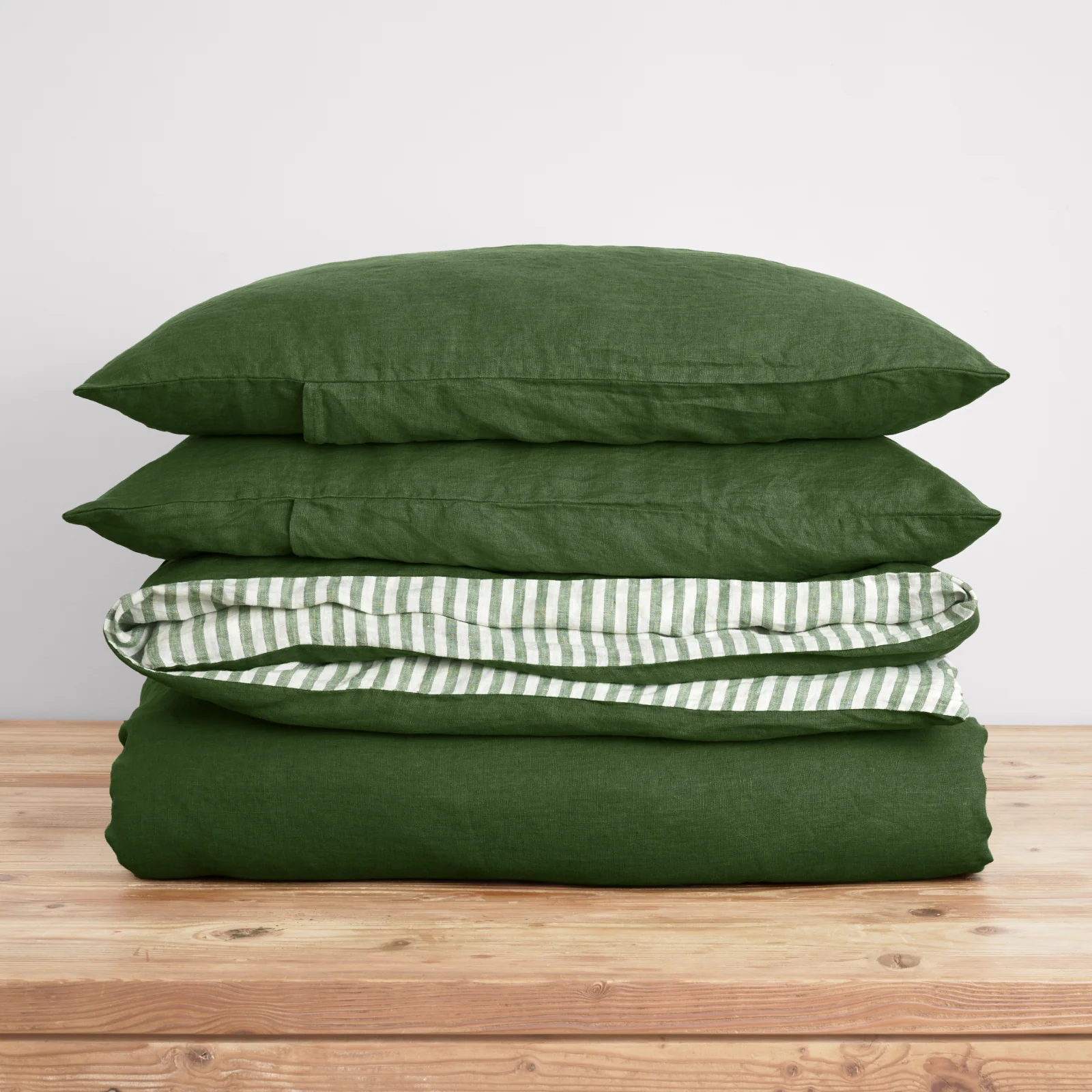 French Flax Linen Double Sided Quilt Cover Set in Ivy/Ivy Stripe