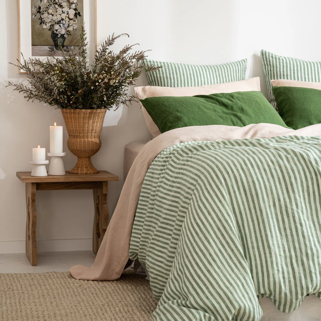 French Flax Linen Double Sided Quilt Cover Set in Ivy/Ivy Stripe - Image 12