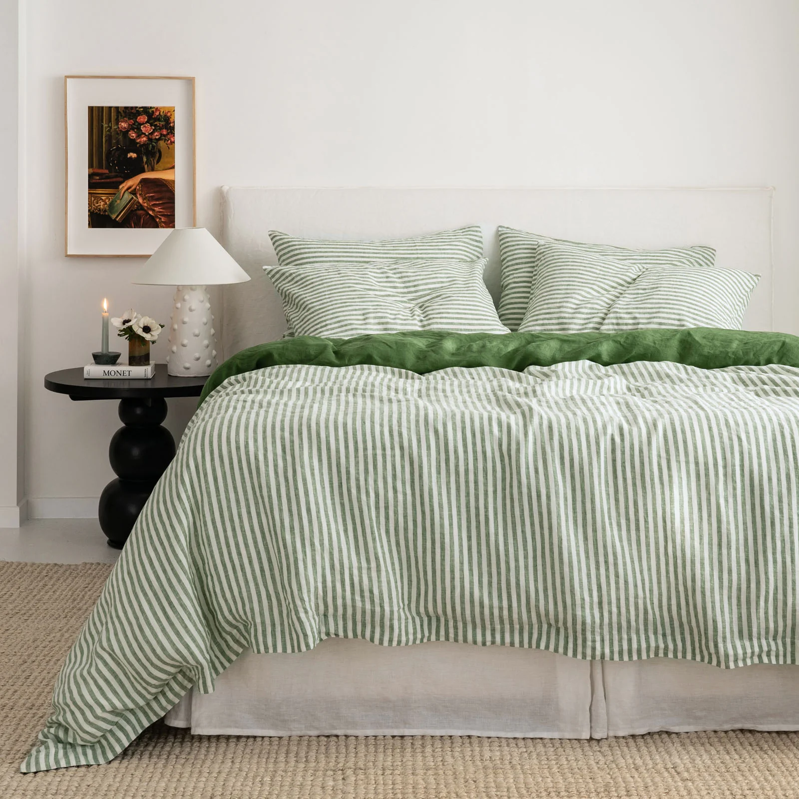 French Flax Linen Double Sided Quilt Cover in Ivy/Ivy Stripe - Image 2