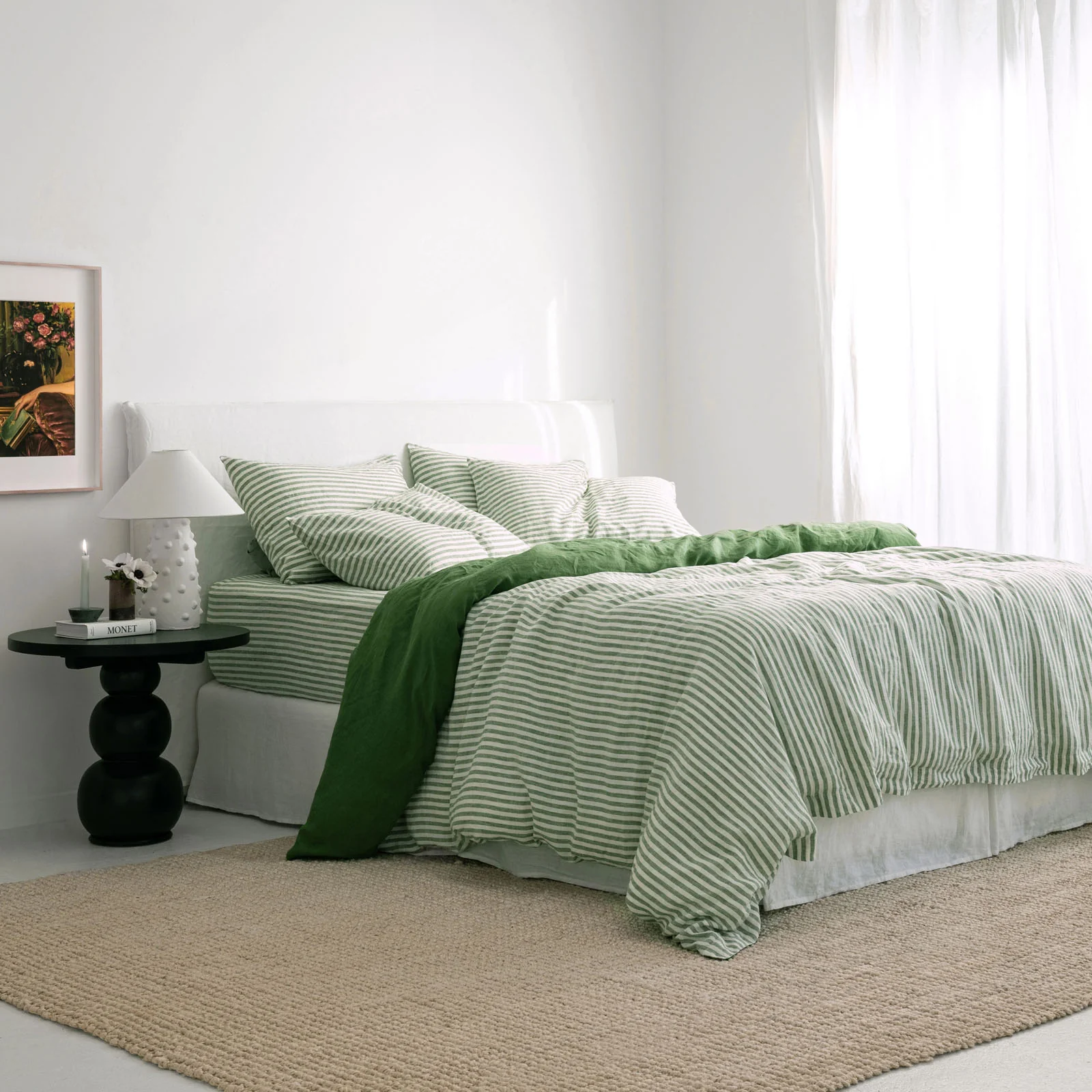 French Flax Linen Double Sided Quilt Cover Set in Ivy/Ivy Stripe - Image 4