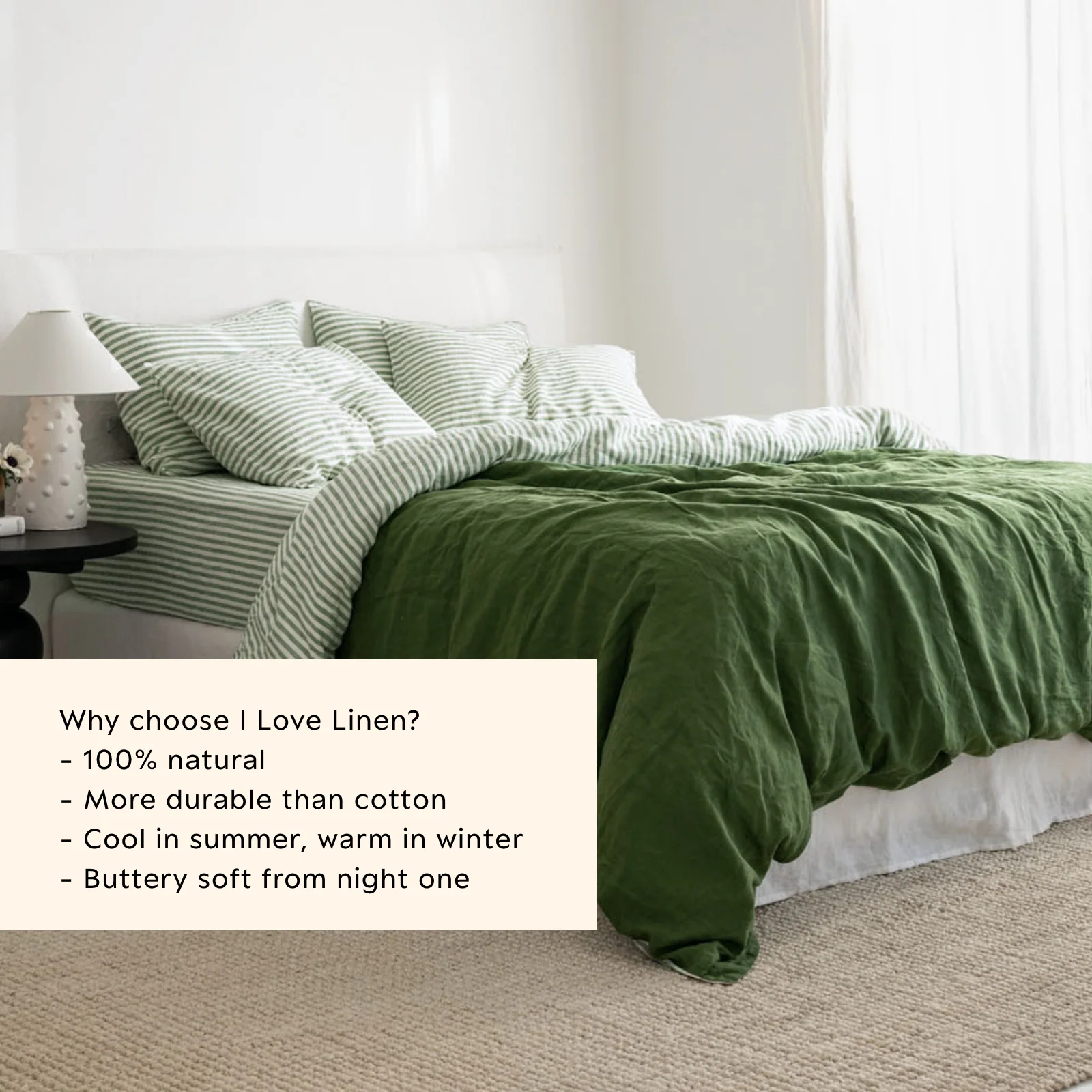 French Flax Linen Double Sided Quilt Cover Set in Ivy/Ivy Stripe - Image 5