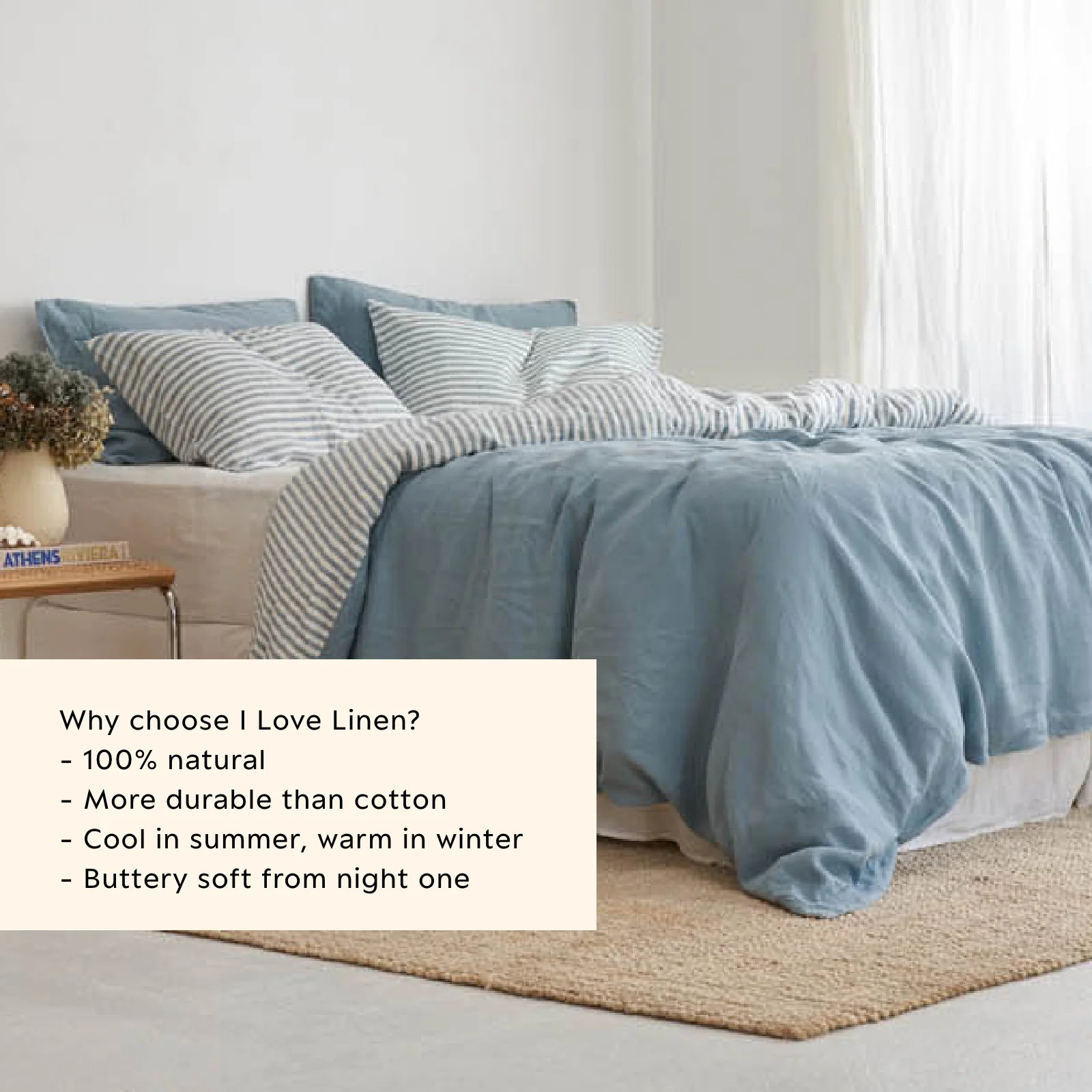French Flax Linen Double Sided Quilt Cover Set in Marine Blue/Marine Blue Stripe - Image 5