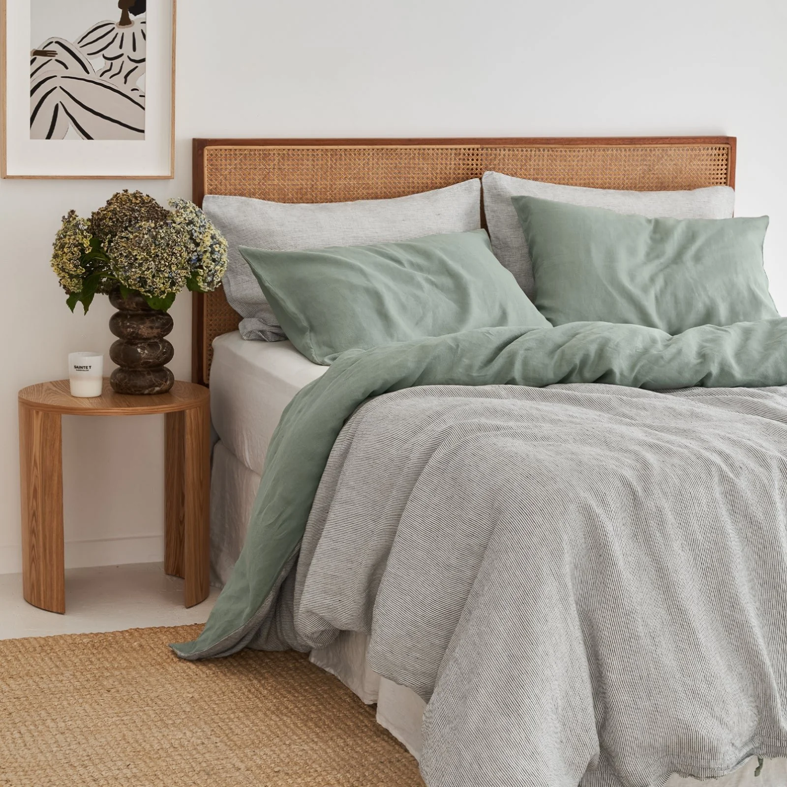 French Flax Linen Double Sided Quilt Cover Set in Sage/Pinstripe - Image 4