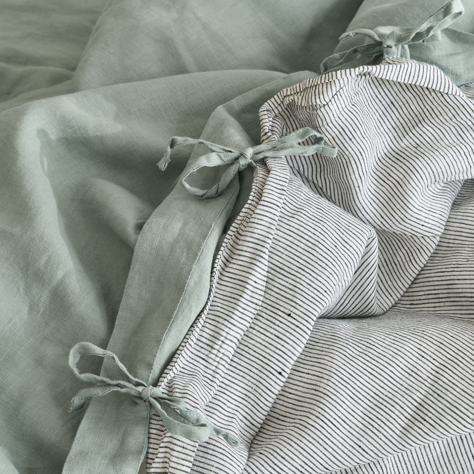 French Flax Linen Double Sided Quilt Cover Set in Sage/Pinstripe - Image 7