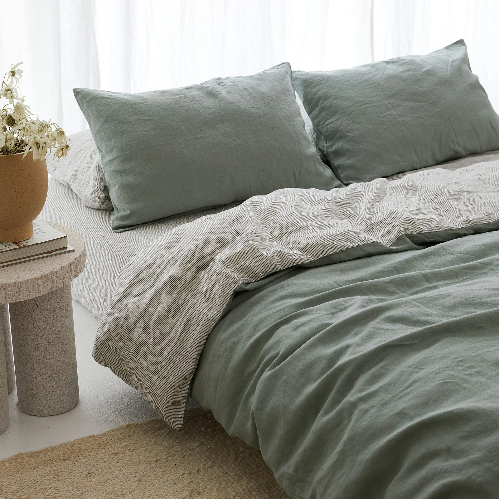 French Flax Linen Double Sided Quilt Cover Set in Sage/Pinstripe - Image 9