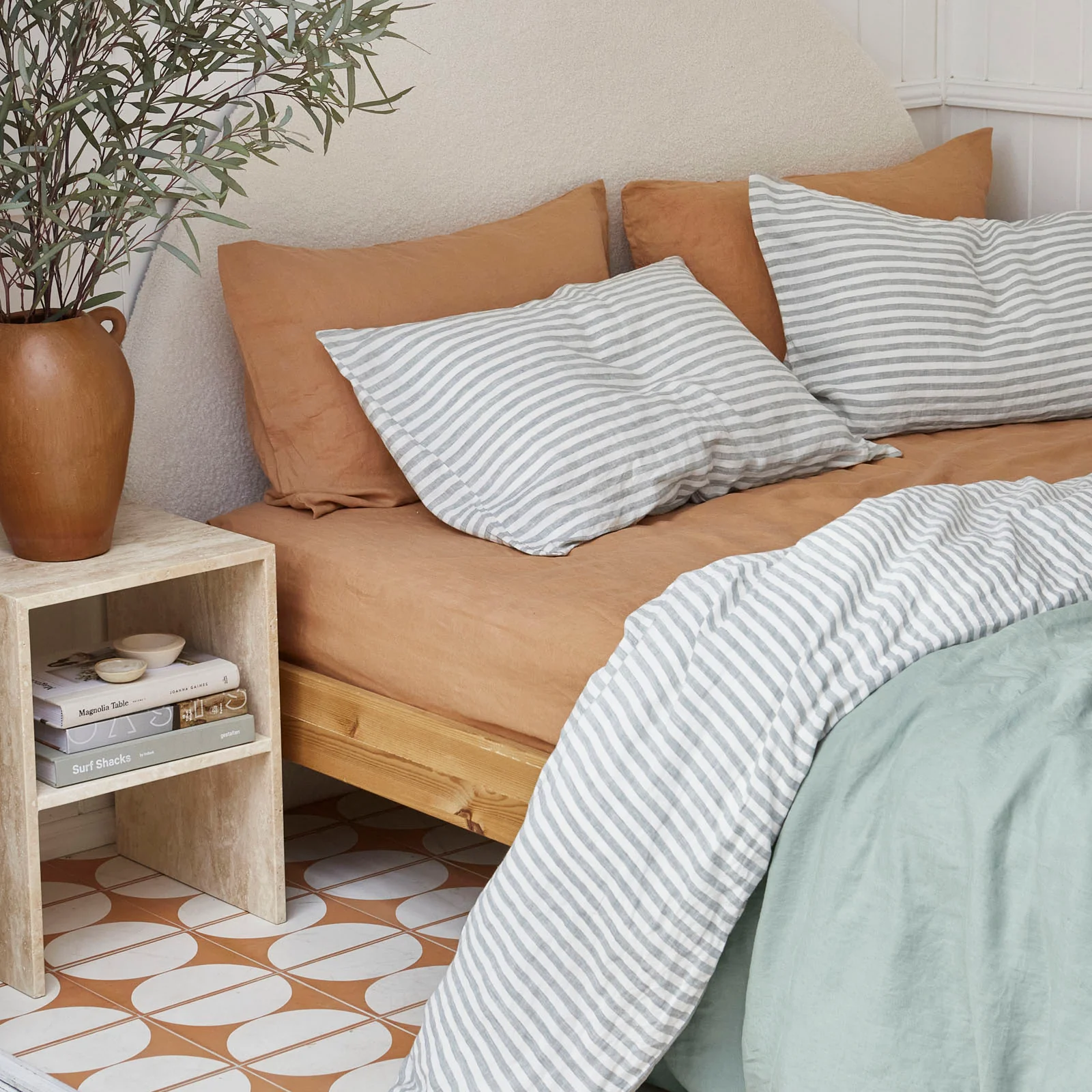 French Flax Linen Double Sided Quilt Cover Set in Sage/Sage Stripe - Image 10