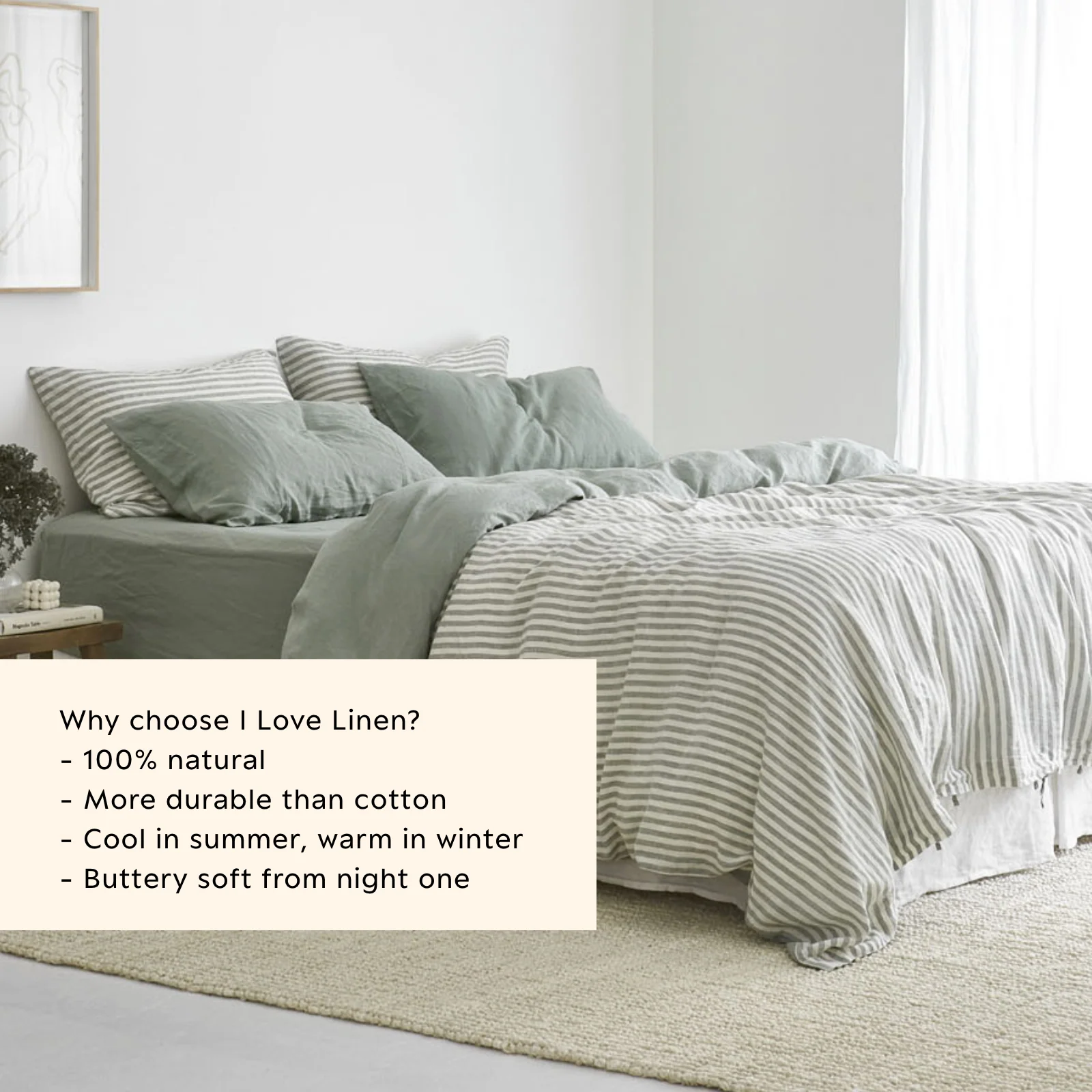 French Flax Linen Double Sided Quilt Cover Set in Sage/Sage Stripe - Image 4