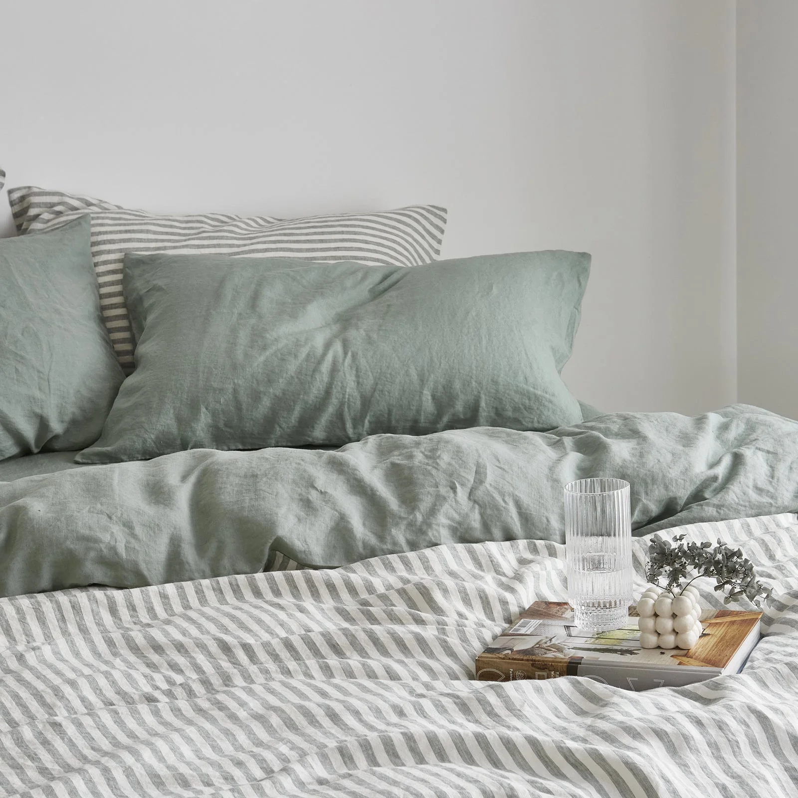 French Flax Linen Double Sided Quilt Cover Set in Sage/Sage Stripe - Image 5