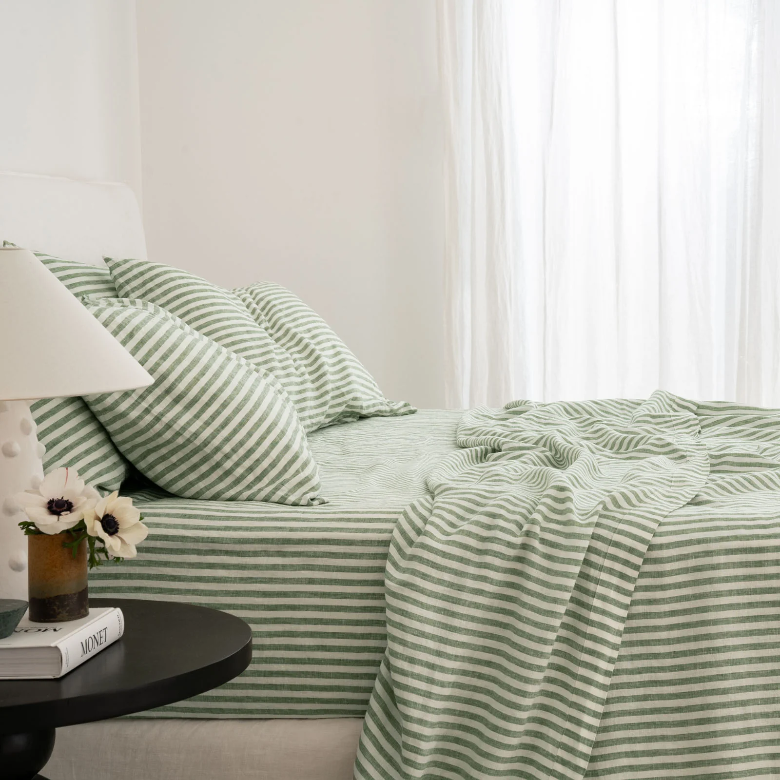 French Flax Linen Fitted Sheet in Ivy Stripe - Image 3