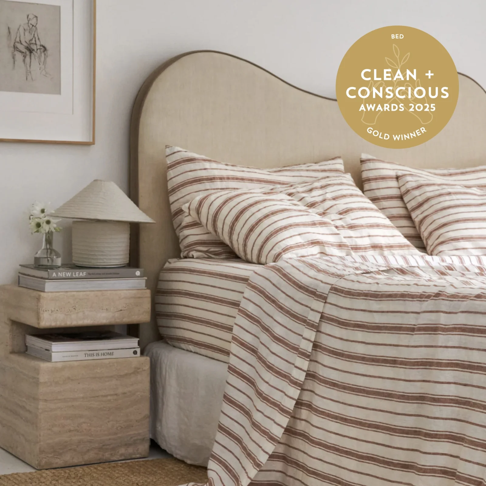 French Flax Linen Flat Sheet in Hazelnut Stripe - Image 9