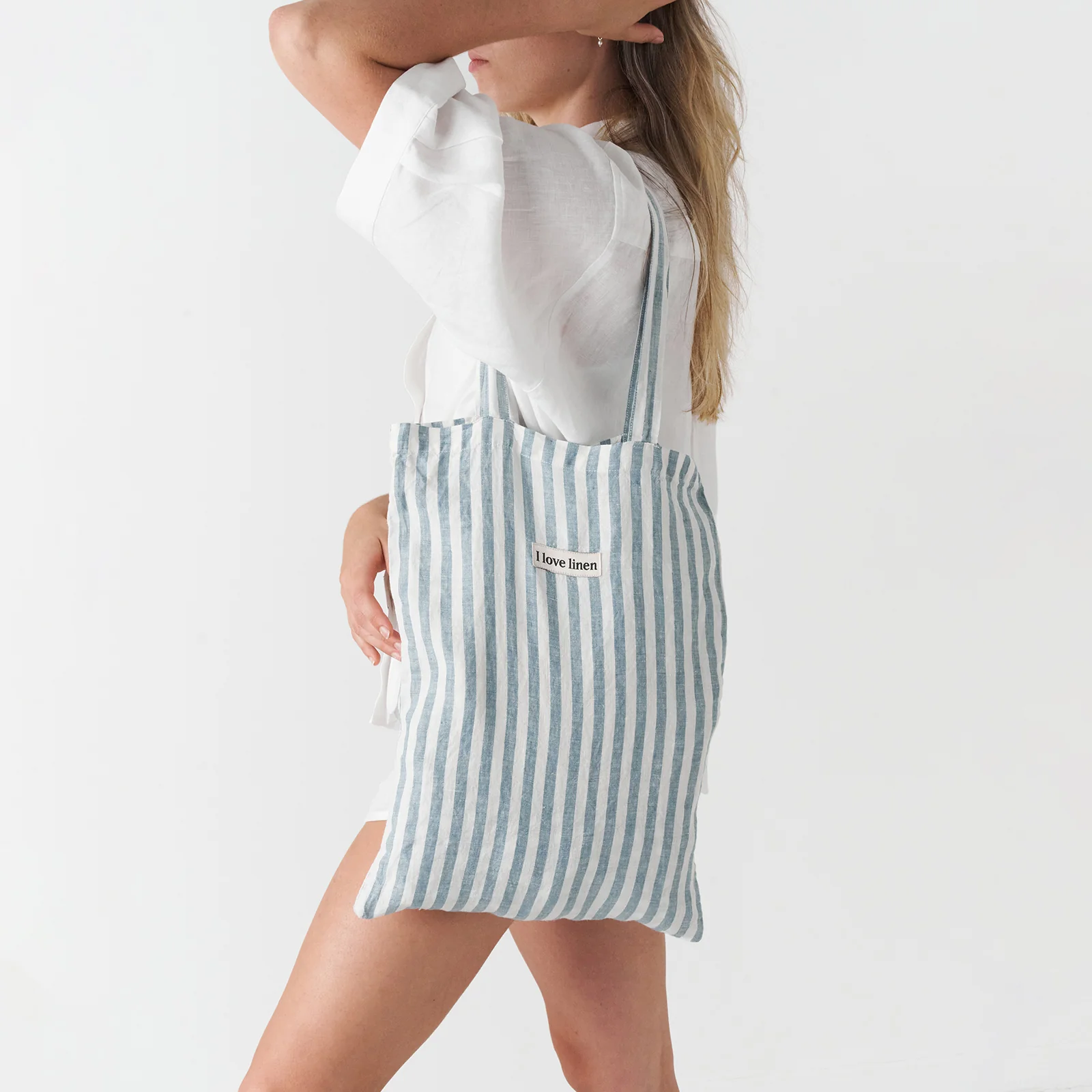 French Flax Linen Market Bag in Marine Blue Stripe