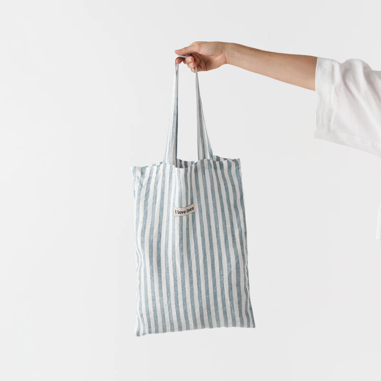 French Flax Linen Market Bag in Marine Blue Stripe - Image 2