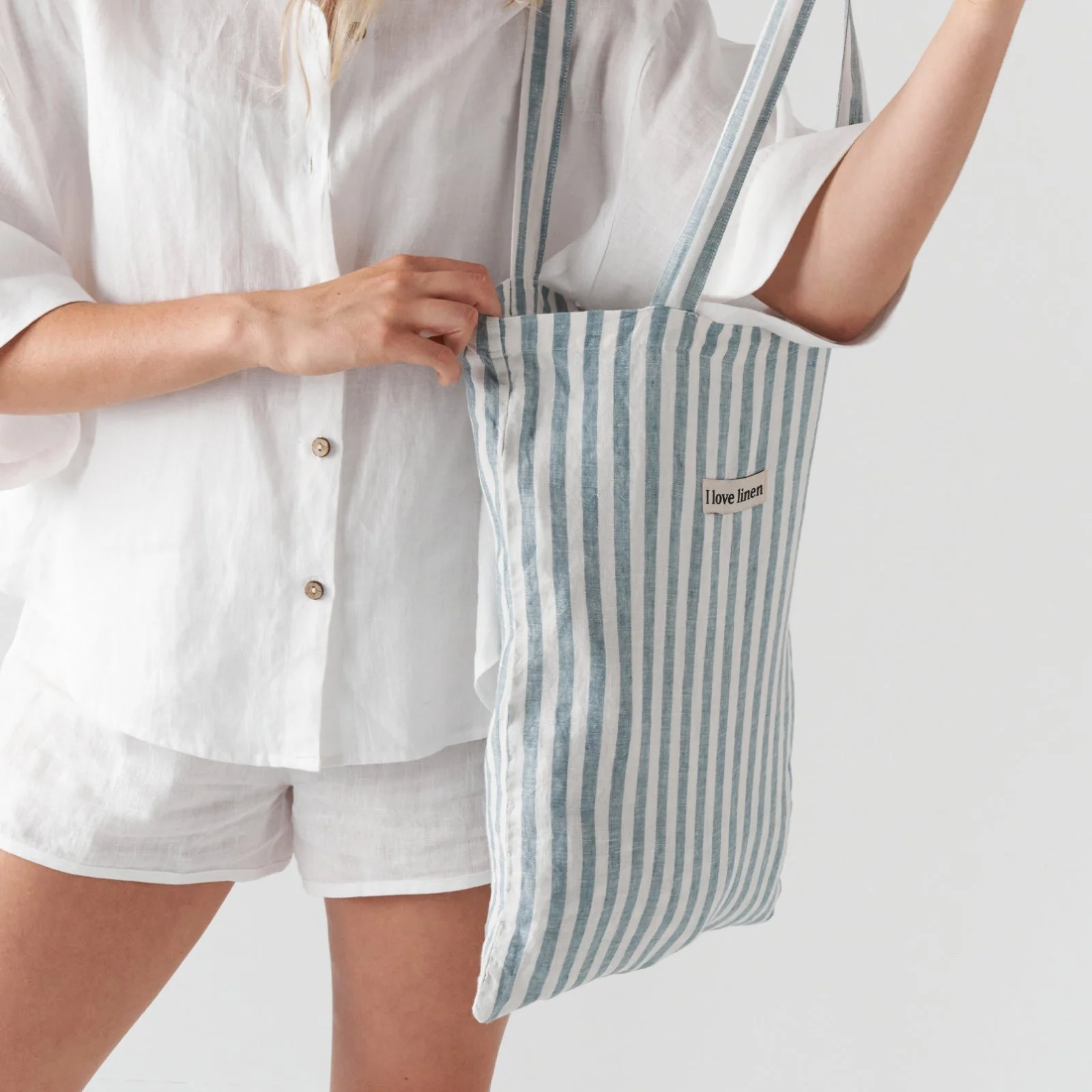 French Flax Linen Market Bag in Marine Blue Stripe - Image 5