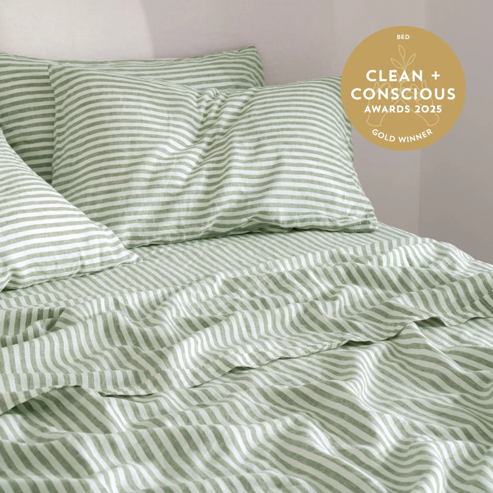 French Flax Linen Pillowcase Set in Ivy Stripe - Image 6