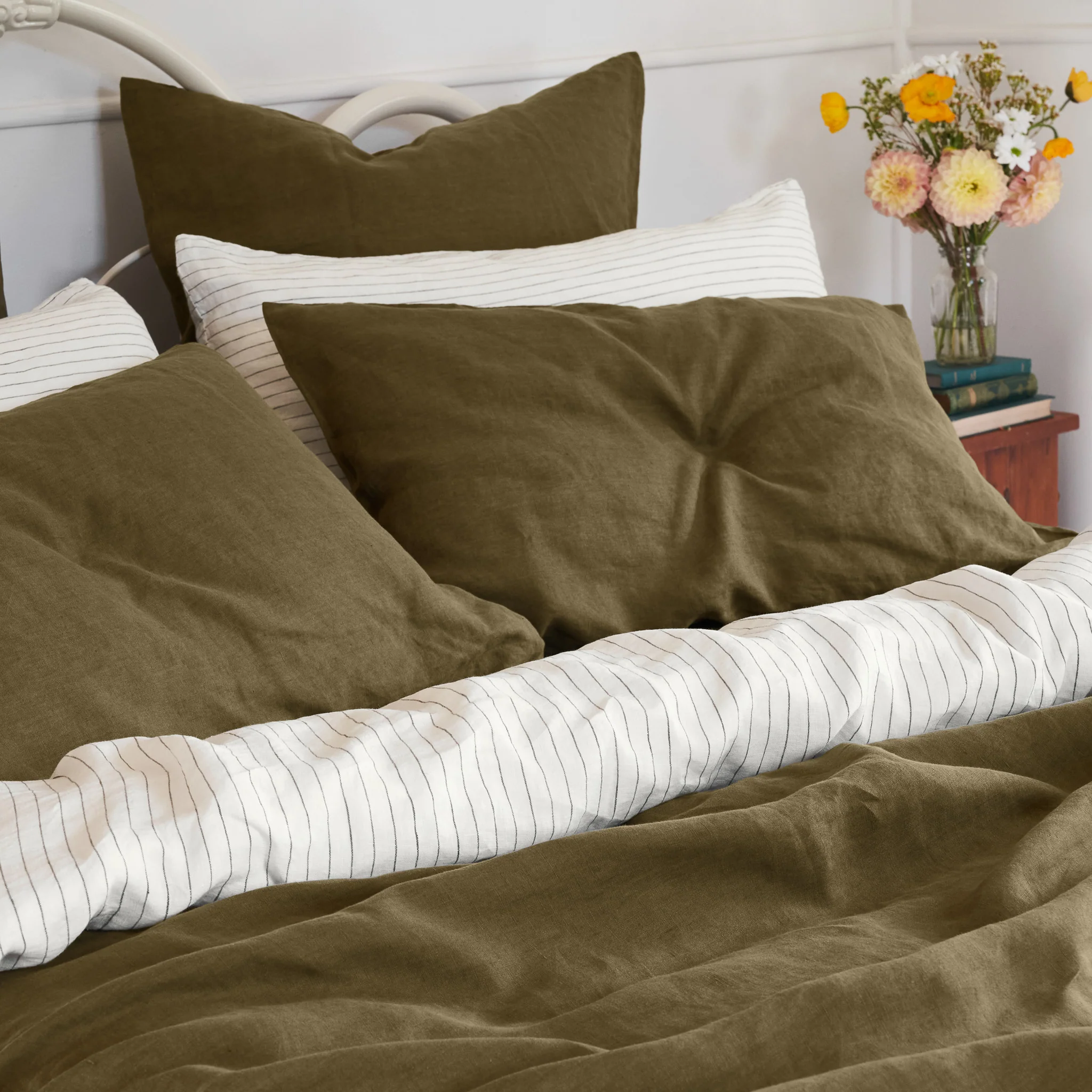 French Flax Linen Double Sided Quilt Cover in Olive/Olive Stripe - Image 11