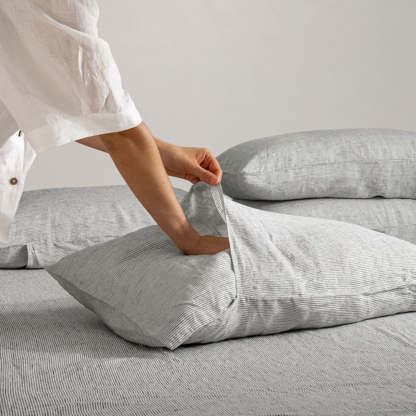 French Flax Linen Pillowcase Set in Pinstripe - Image 4
